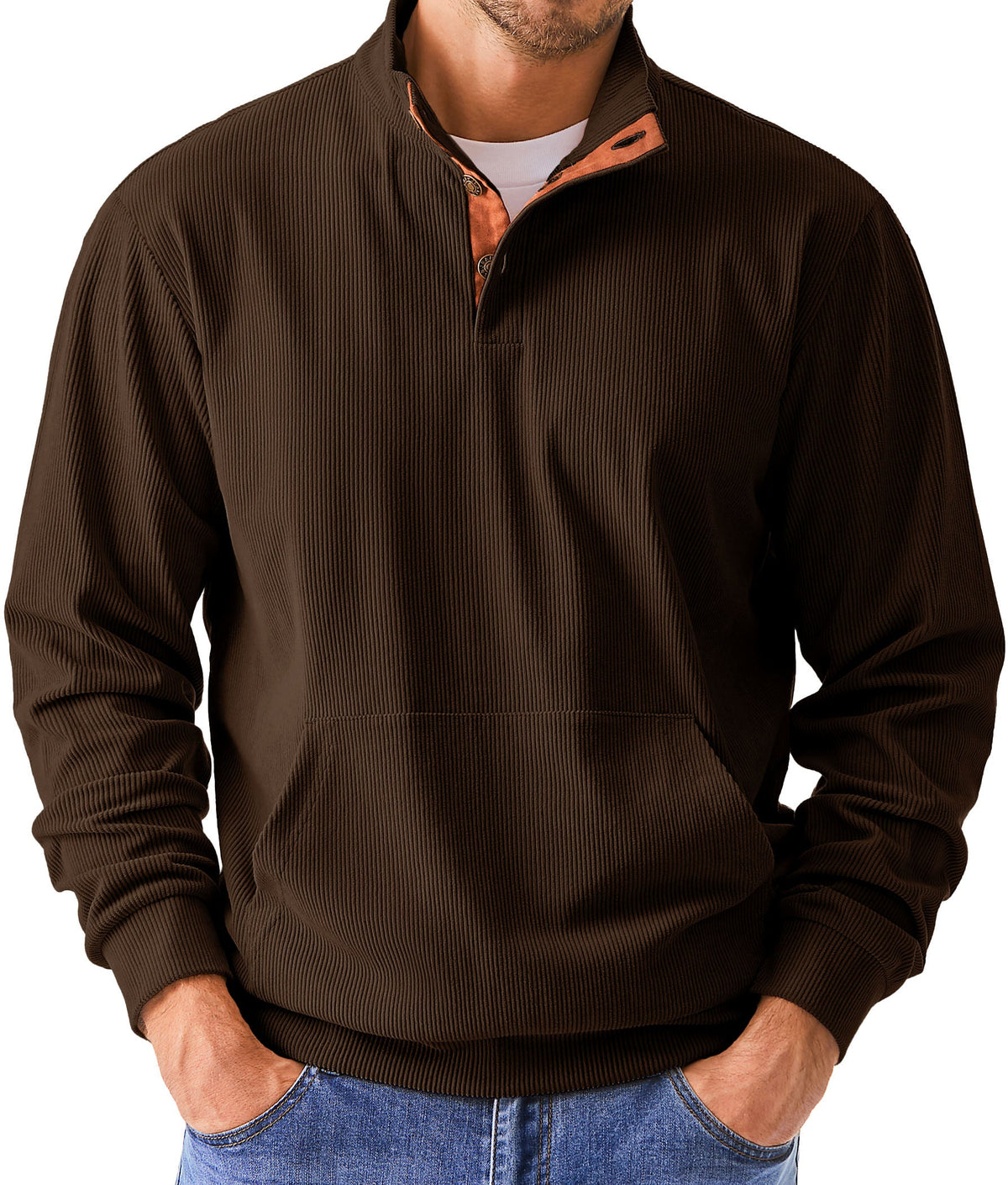 Dokotoo Men Men's Corduroy Sweatshirt Casual Long Sleeve Stand Collar Knitted Pullover Button Sweaters with Pockets