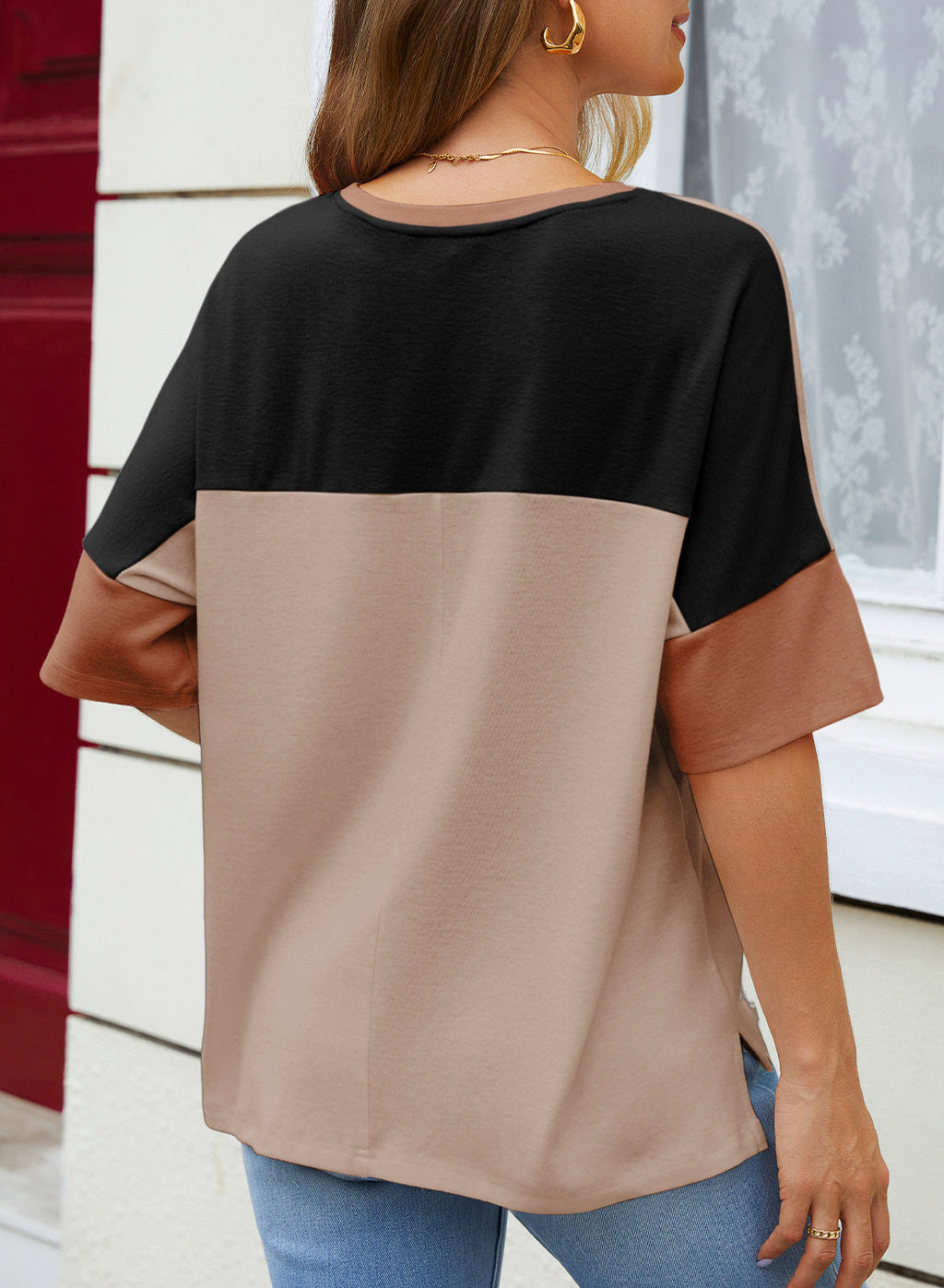 Dokotoo Womens Tops Oversized Trendy Shirts Color Block Crewneck Blouses