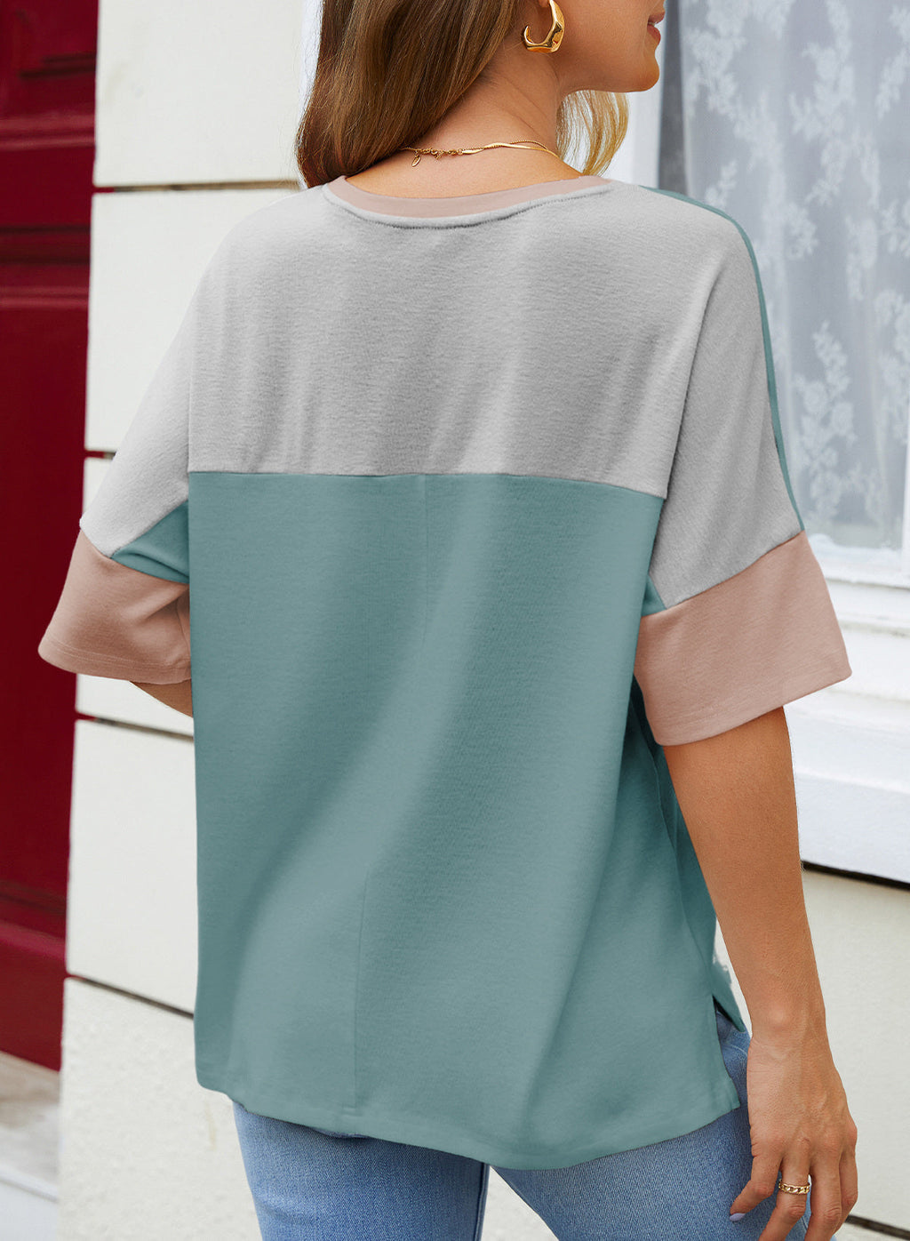 Dokotoo Womens Tops Oversized Trendy Shirts Color Block Crewneck Blouses