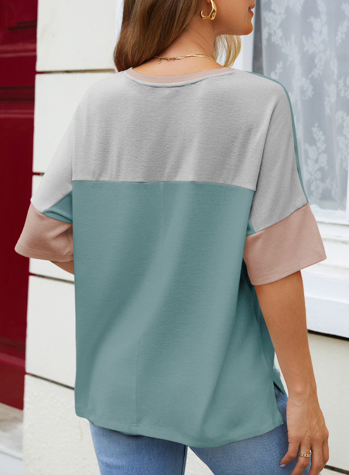Dokotoo Womens Tops Oversized Trendy Shirts Color Block Crewneck Blouses