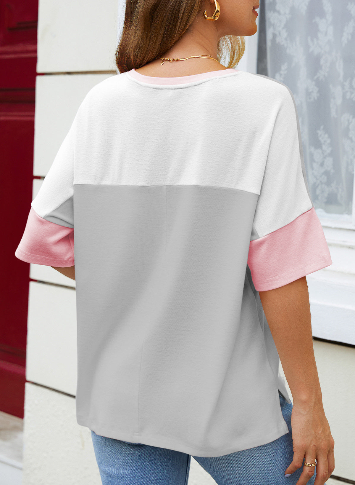 Dokotoo Womens Tops Oversized Trendy Shirts Color Block Crewneck Blouses