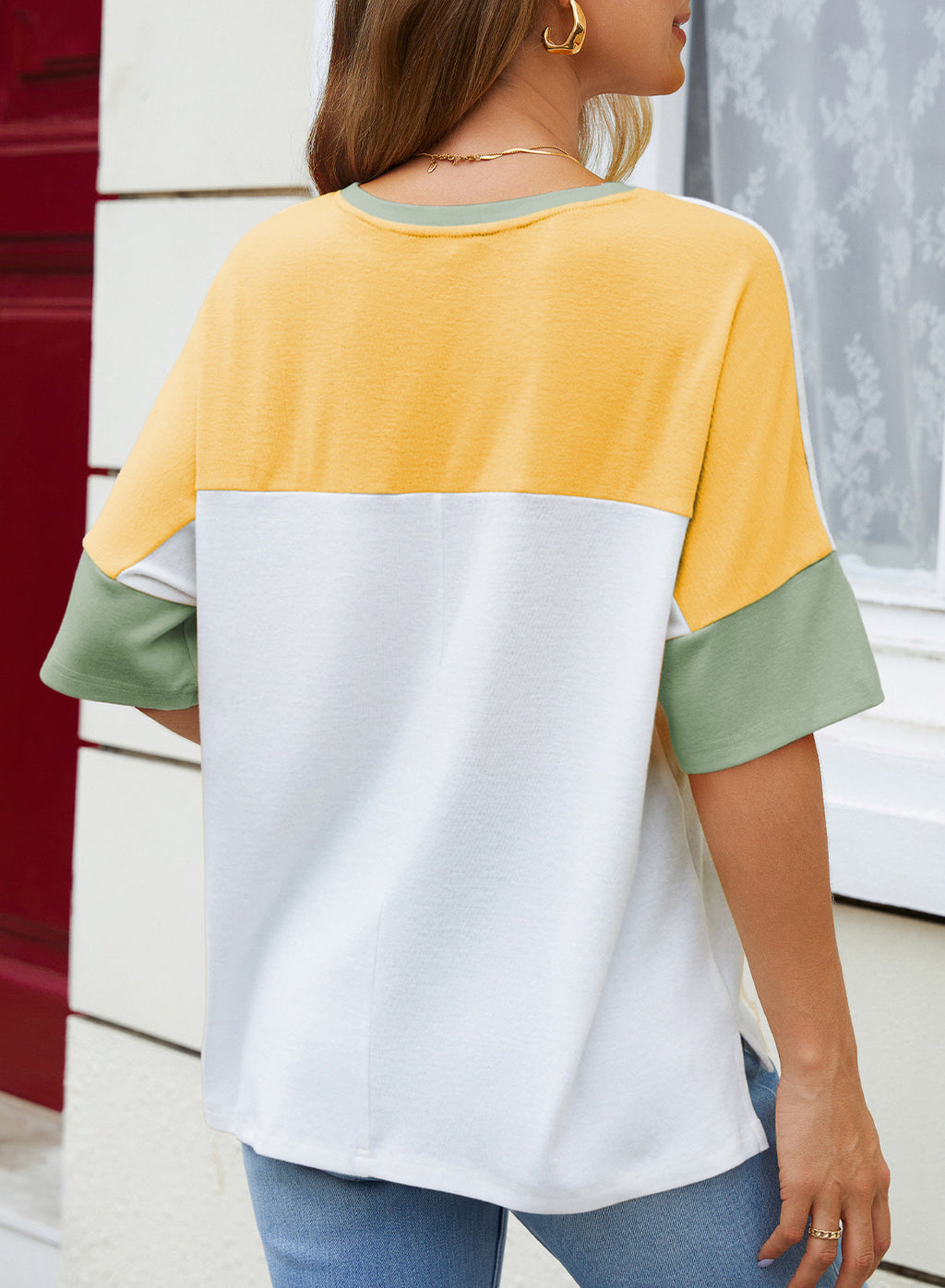 Dokotoo Womens Tops Oversized Trendy Shirts Color Block Crewneck Blouses