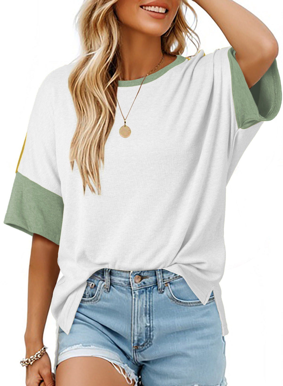 Dokotoo Womens Tops Oversized Trendy Shirts Color Block Crewneck Blouses