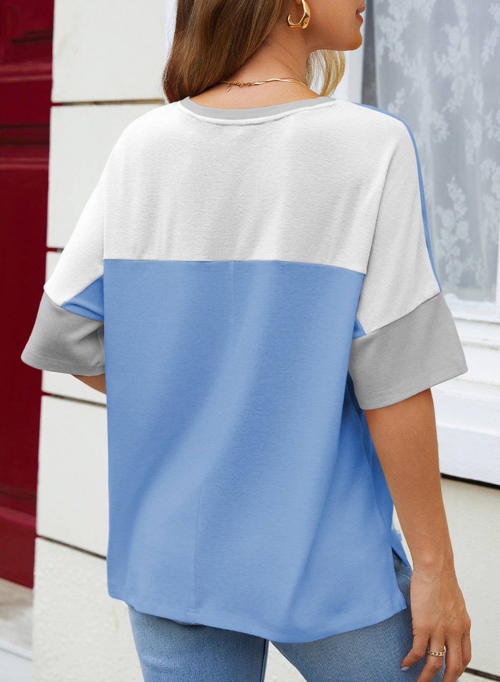 Dokotoo Womens Tops Oversized Trendy Shirts Color Block Crewneck Blouses