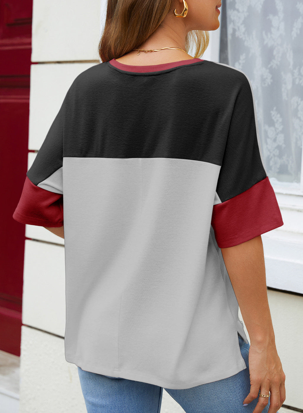 Dokotoo Womens Tops Oversized Trendy Shirts Color Block Crewneck Blouses