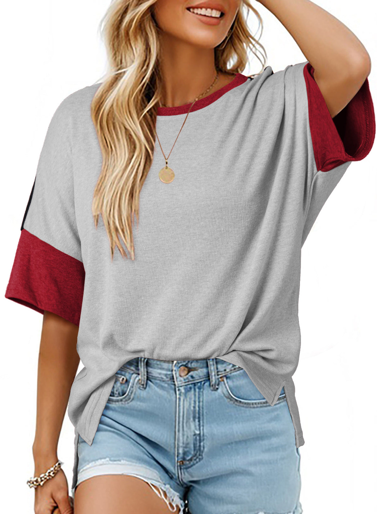 Dokotoo Womens Tops Oversized Trendy Shirts Color Block Crewneck Blouses