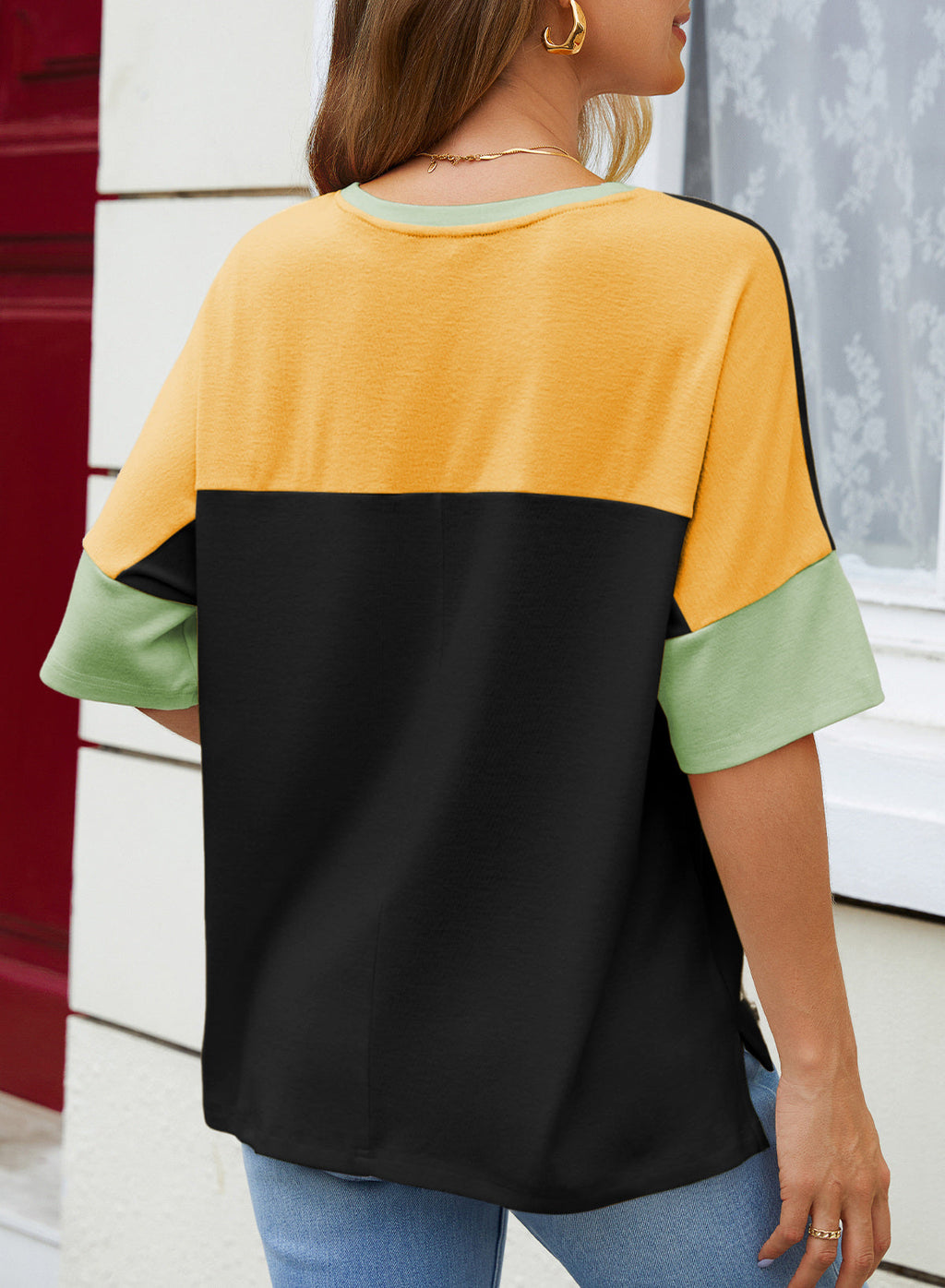 Dokotoo Womens Tops Oversized Trendy Shirts Color Block Crewneck Blouses