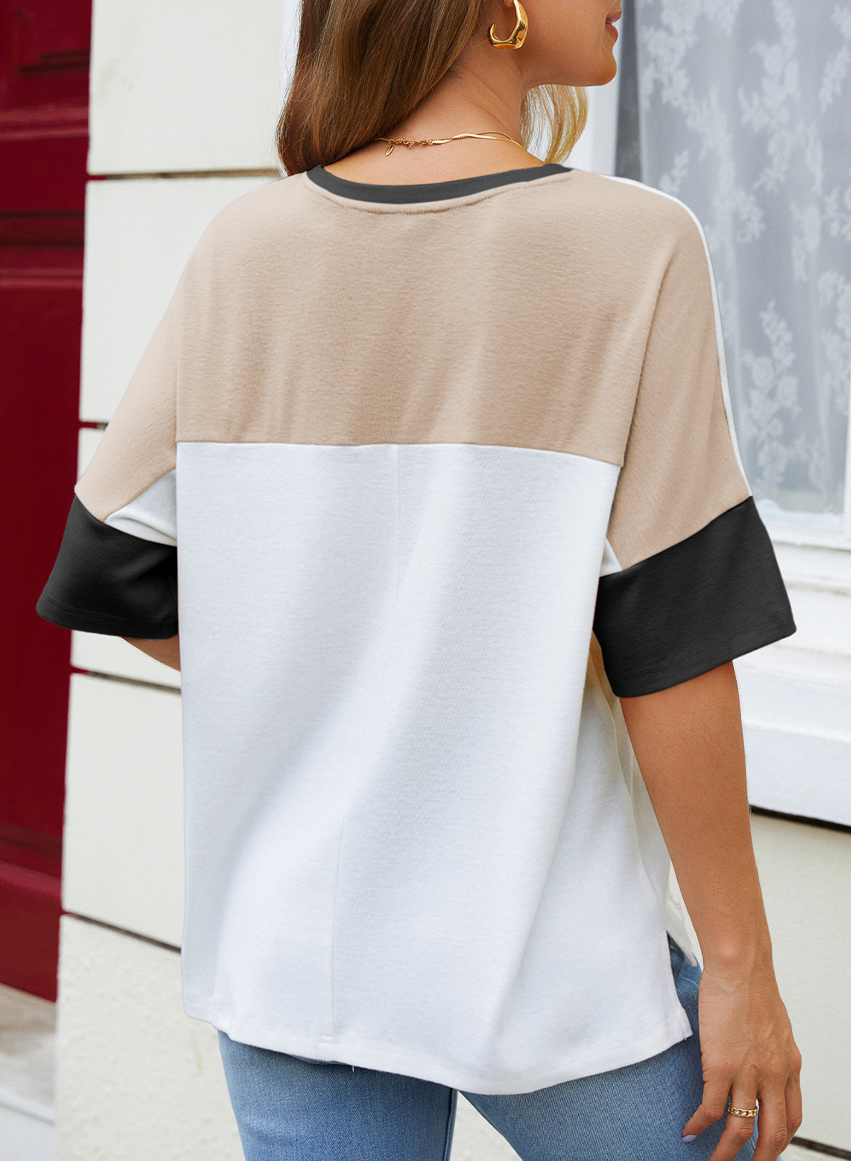 Dokotoo Womens Tops Oversized Trendy Shirts Color Block Crewneck Blouses