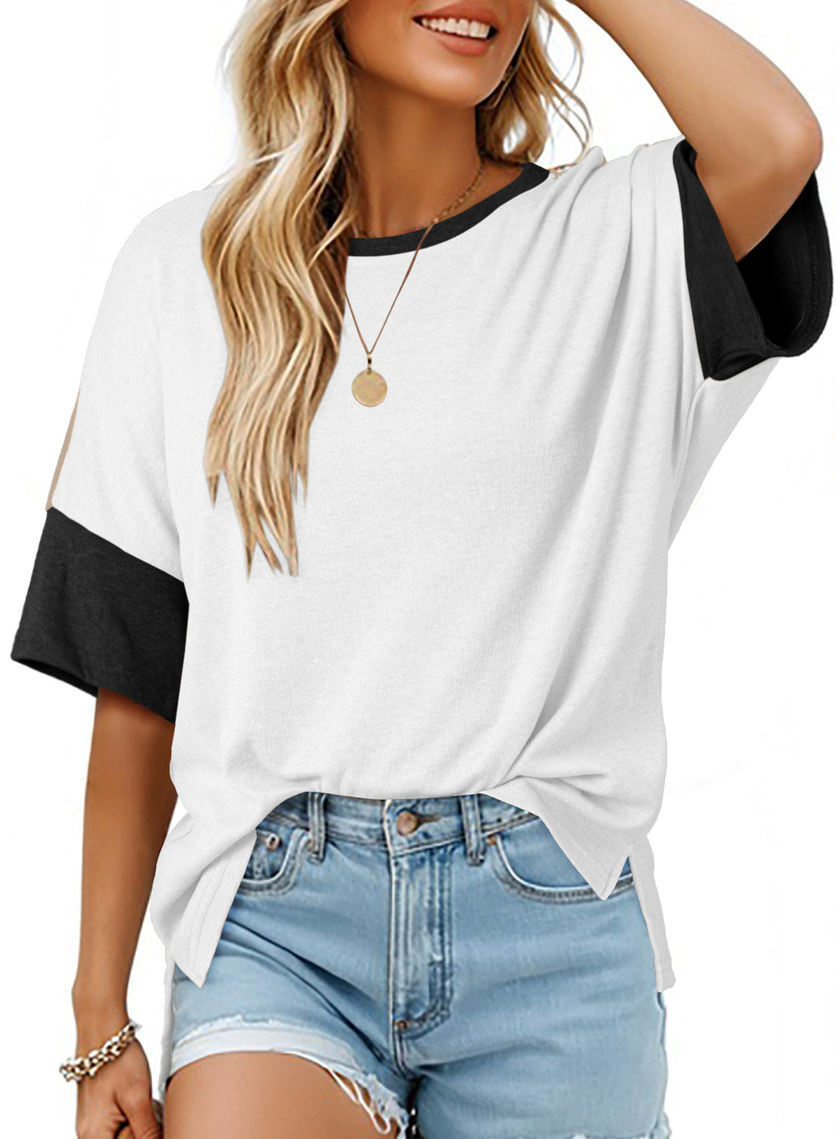 Dokotoo Womens Tops Oversized Trendy Shirts Color Block Crewneck Blouses