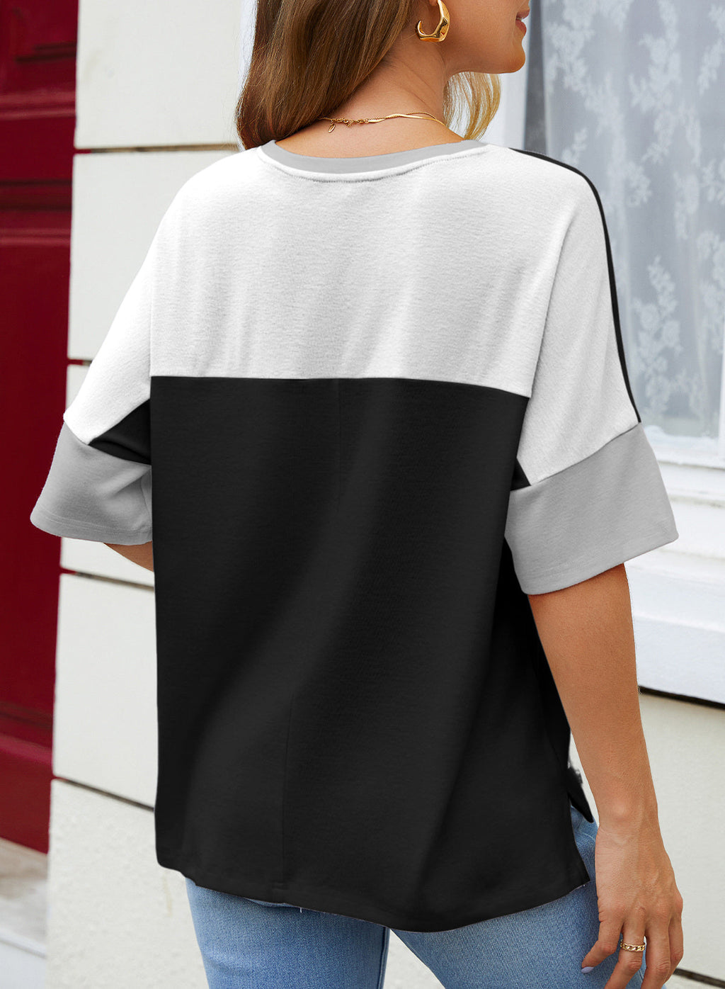 Dokotoo Womens Tops Oversized Trendy Shirts Color Block Crewneck Blouses