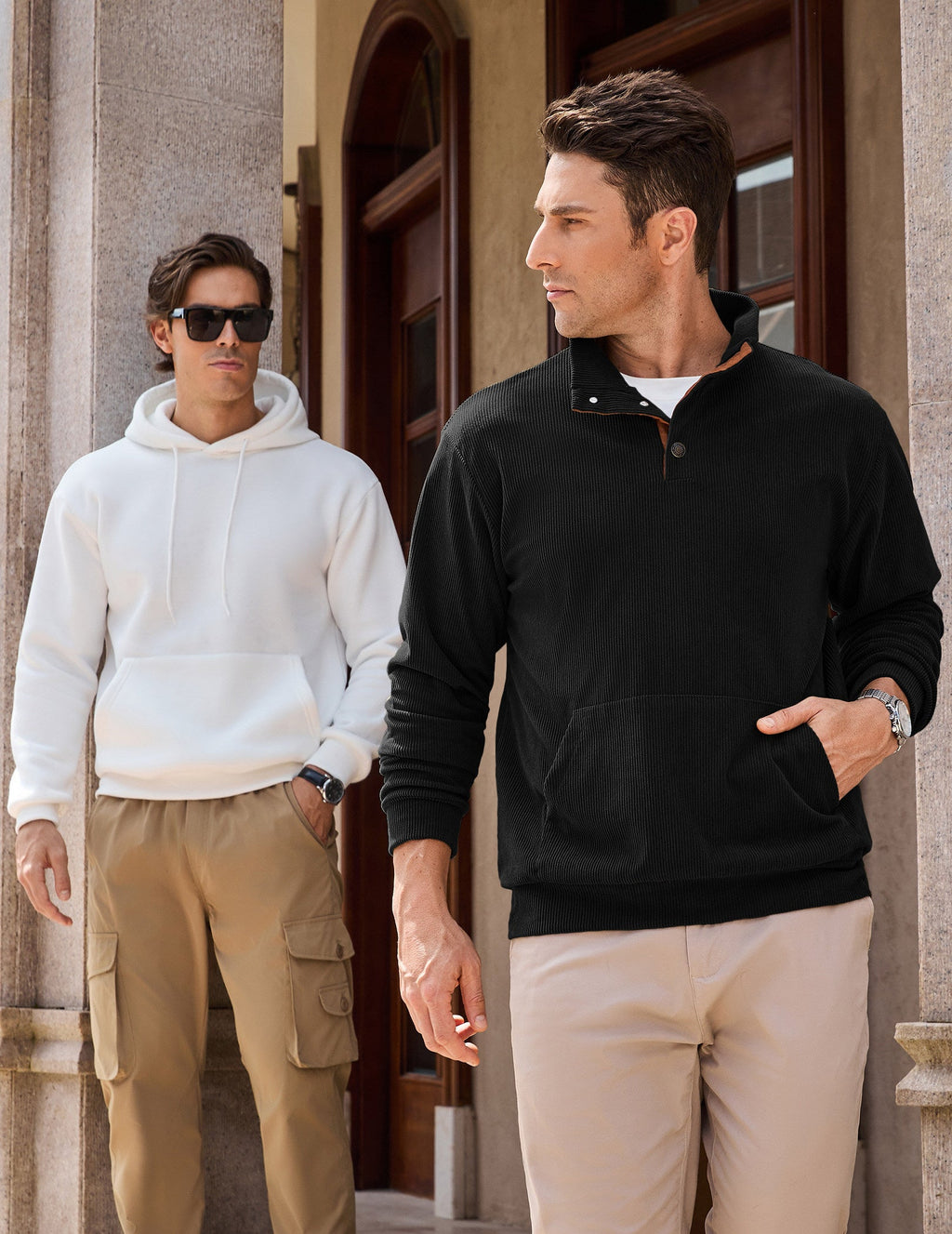 Dokotoo Men Men's Corduroy Sweatshirt Casual Long Sleeve Stand Collar Knitted Pullover Button Sweaters with Pockets