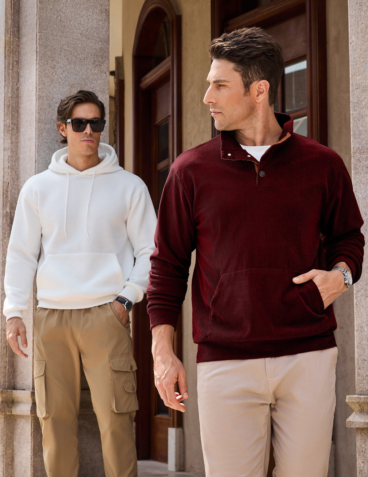 Dokotoo Men Men's Corduroy Sweatshirt Casual Long Sleeve Stand Collar Knitted Pullover Button Sweaters with Pockets