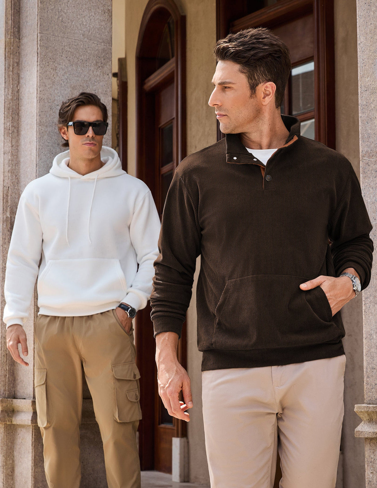 Dokotoo Men Men's Corduroy Sweatshirt Casual Long Sleeve Stand Collar Knitted Pullover Button Sweaters with Pockets