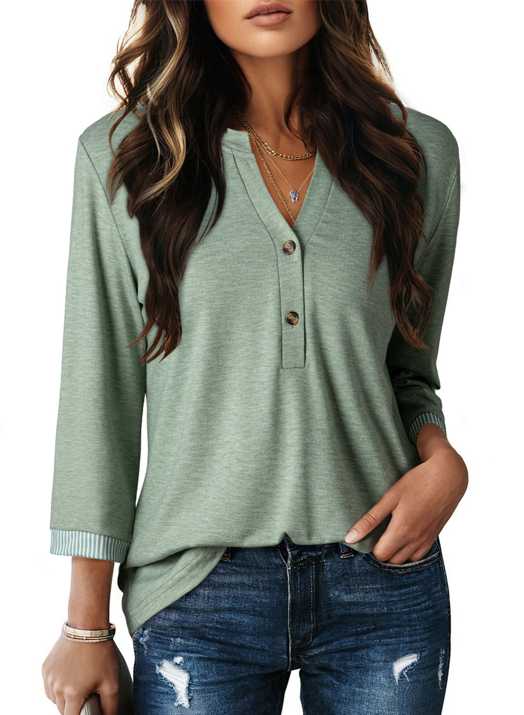 Dokotoo Womens Tops Fall 3/4 Length Sleeve Fashion Solid T-Shirts