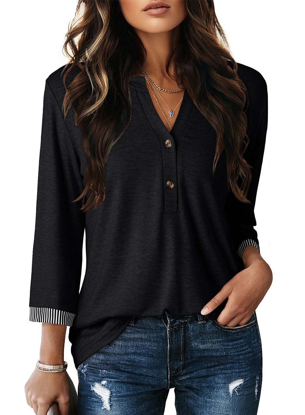 Dokotoo Womens Tops Fall 3/4 Length Sleeve Fashion Solid T-Shirts