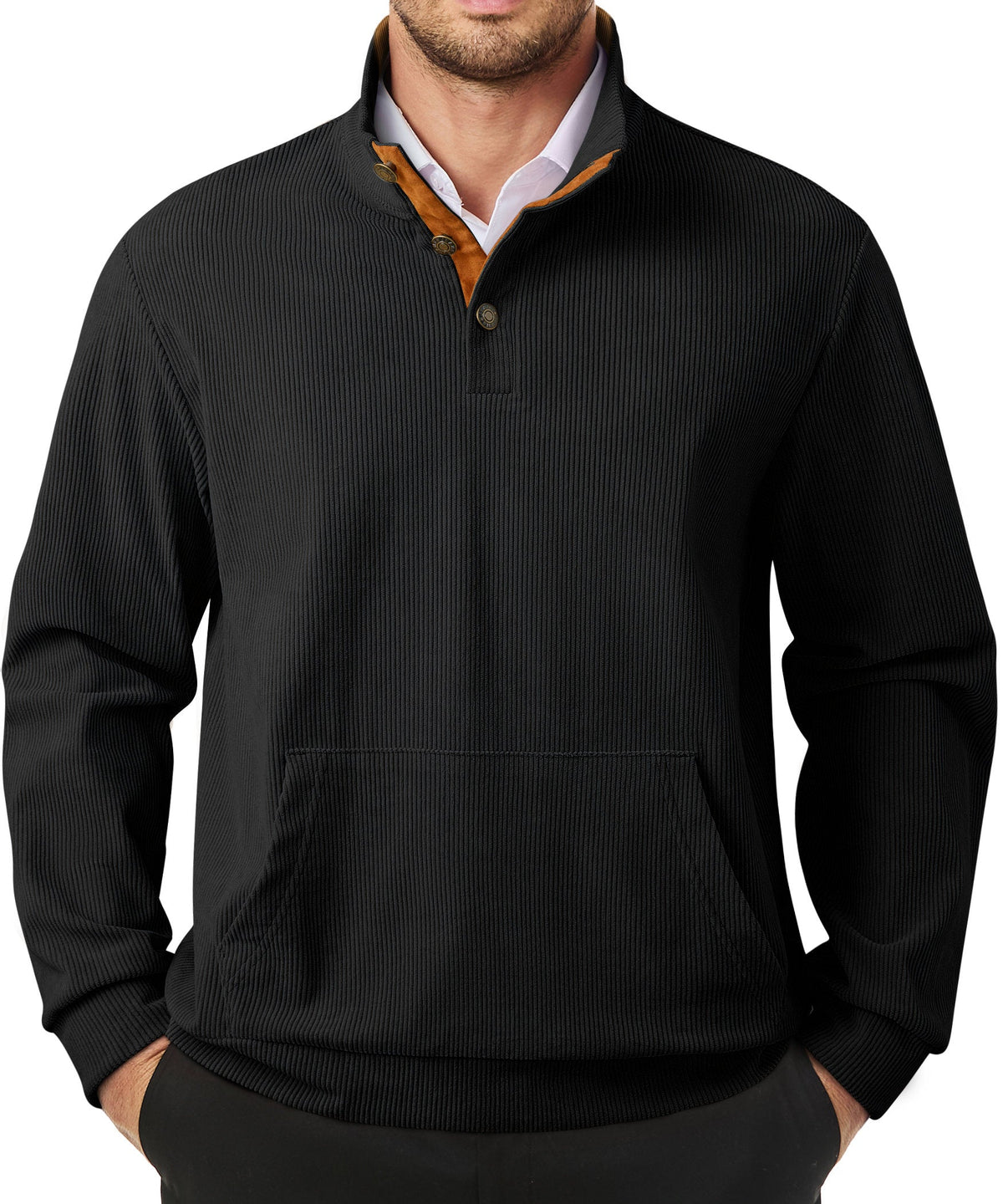 Dokotoo Men Men's Corduroy Sweatshirt Casual Long Sleeve Stand Collar Knitted Pullover Button Sweaters with Pockets