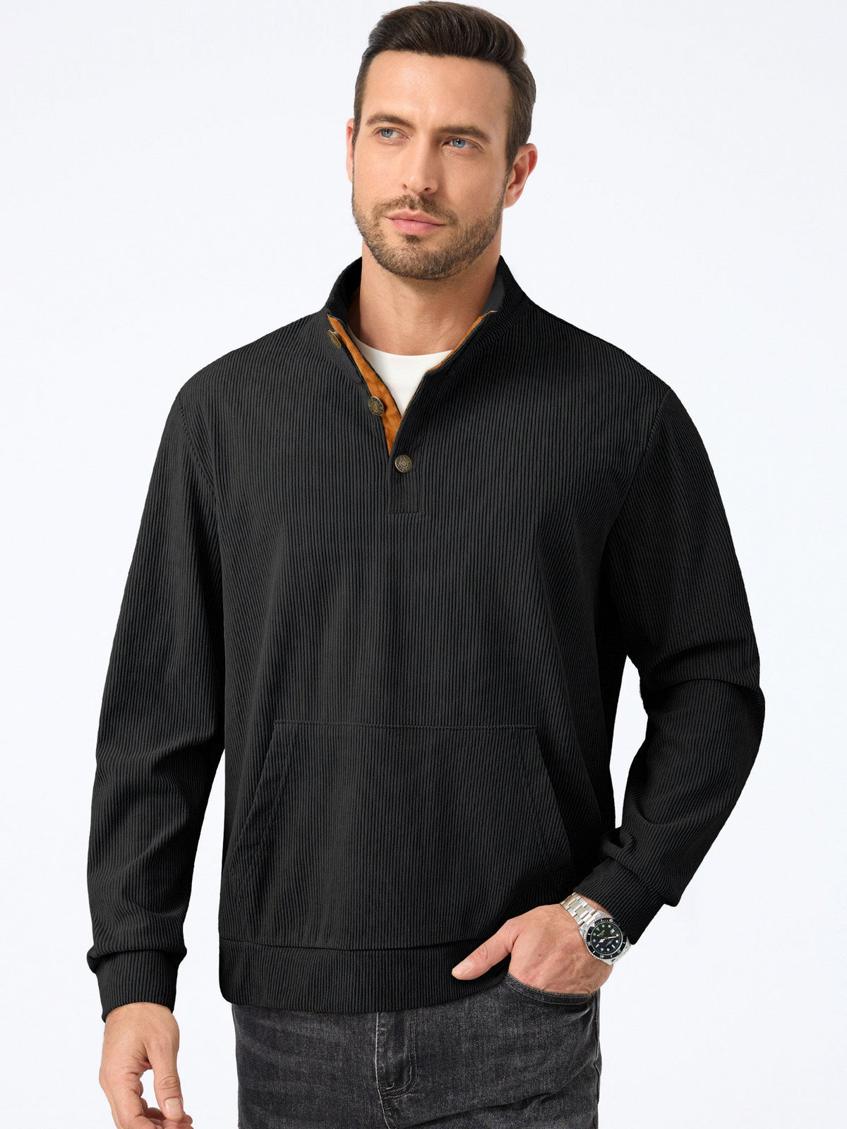 Dokotoo Men Men's Corduroy Sweatshirt Casual Long Sleeve Stand Collar Knitted Pullover Button Sweaters with Pockets