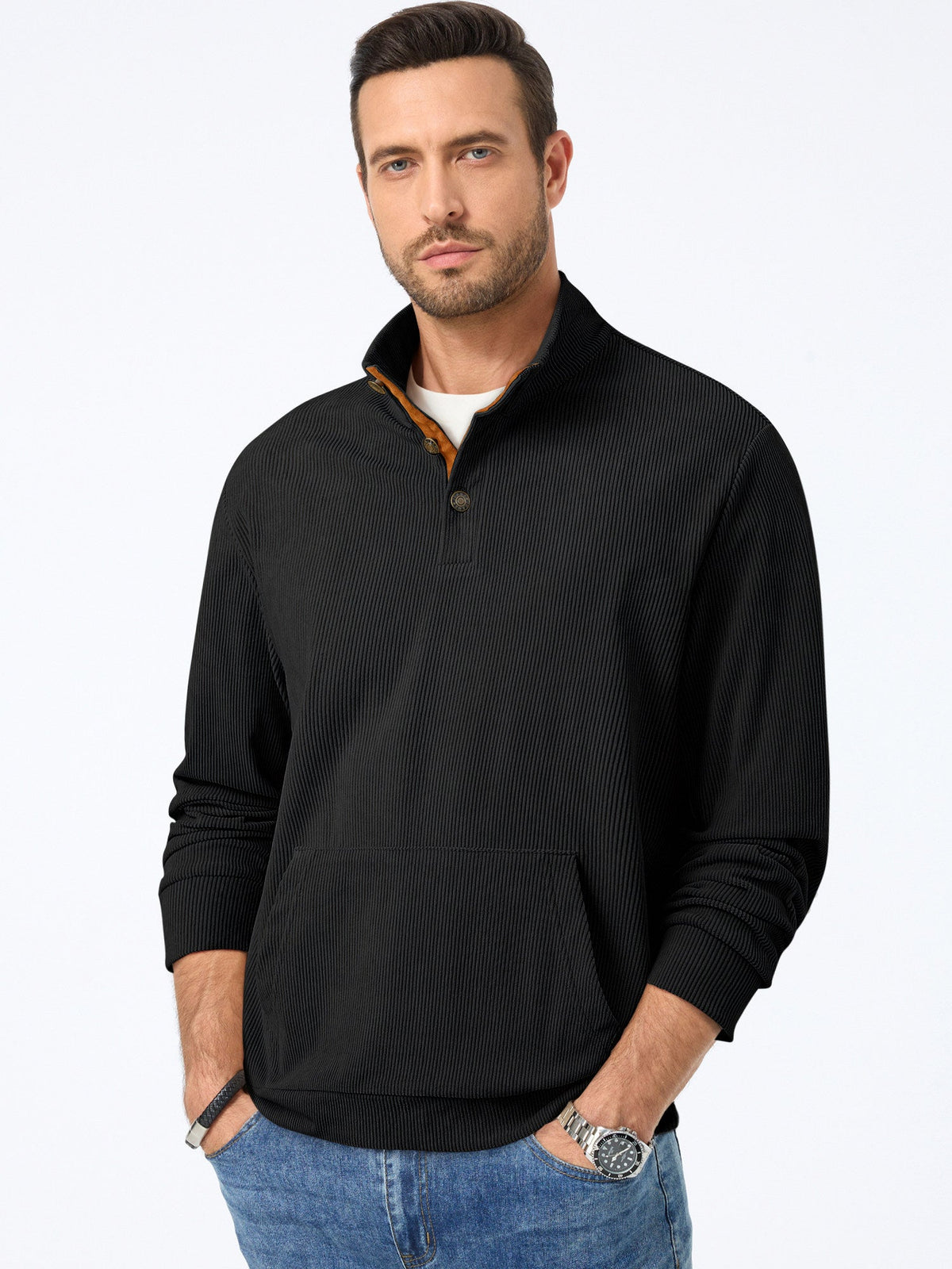 Dokotoo Men Men's Corduroy Sweatshirt Casual Long Sleeve Stand Collar Knitted Pullover Button Sweaters with Pockets