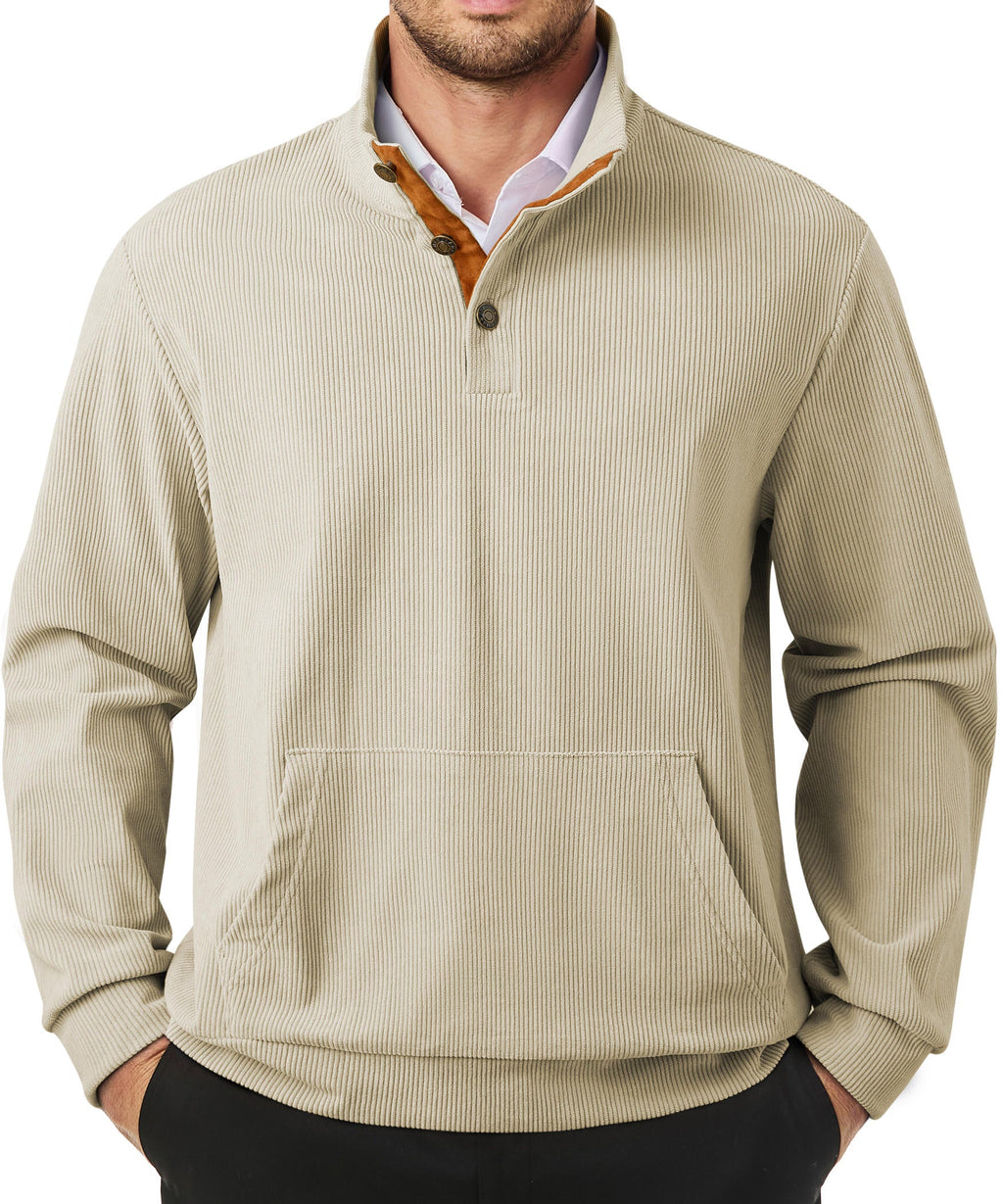 Dokotoo Men Men's Corduroy Sweatshirt Casual Long Sleeve Stand Collar Knitted Pullover Button Sweaters with Pockets