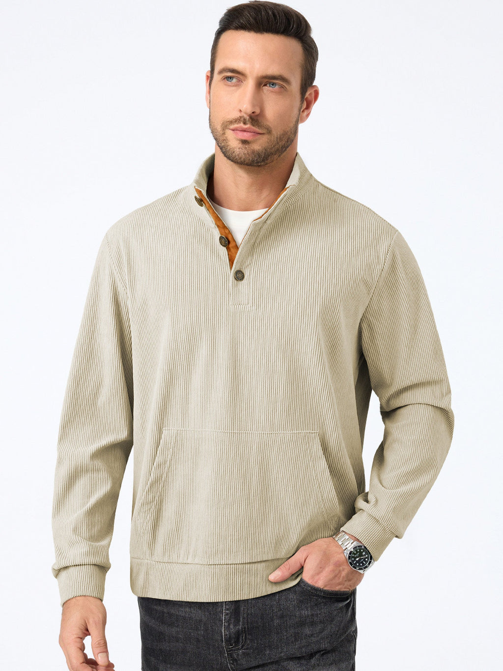 Dokotoo Men Men's Corduroy Sweatshirt Casual Long Sleeve Stand Collar Knitted Pullover Button Sweaters with Pockets