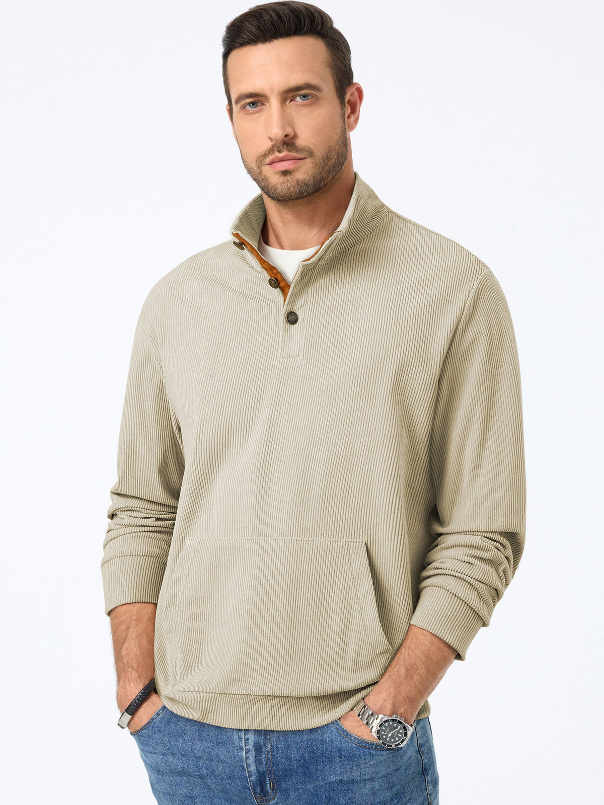 Dokotoo Men Men's Corduroy Sweatshirt Casual Long Sleeve Stand Collar Knitted Pullover Button Sweaters with Pockets