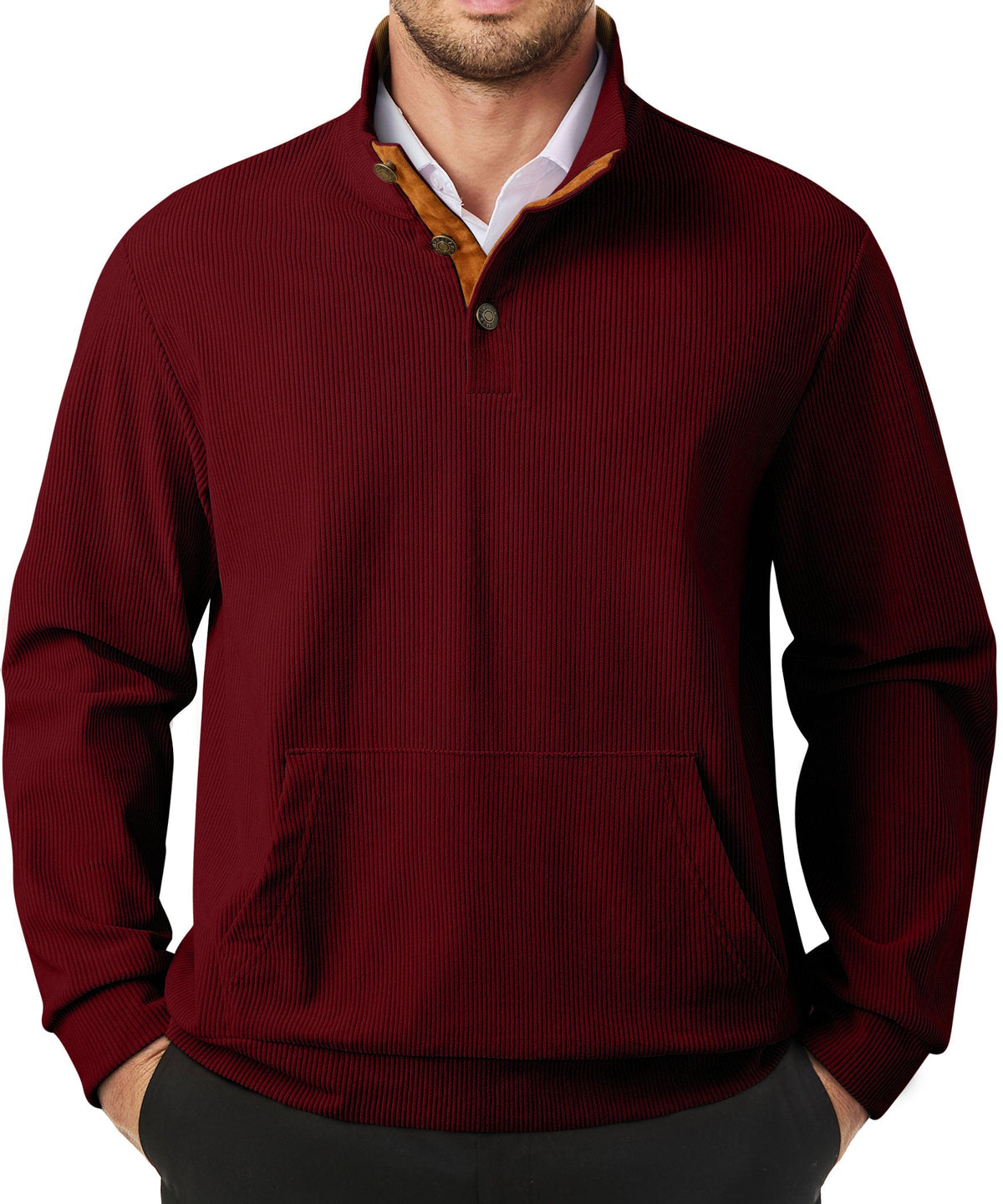 Dokotoo Men Men's Corduroy Sweatshirt Casual Long Sleeve Stand Collar Knitted Pullover Button Sweaters with Pockets