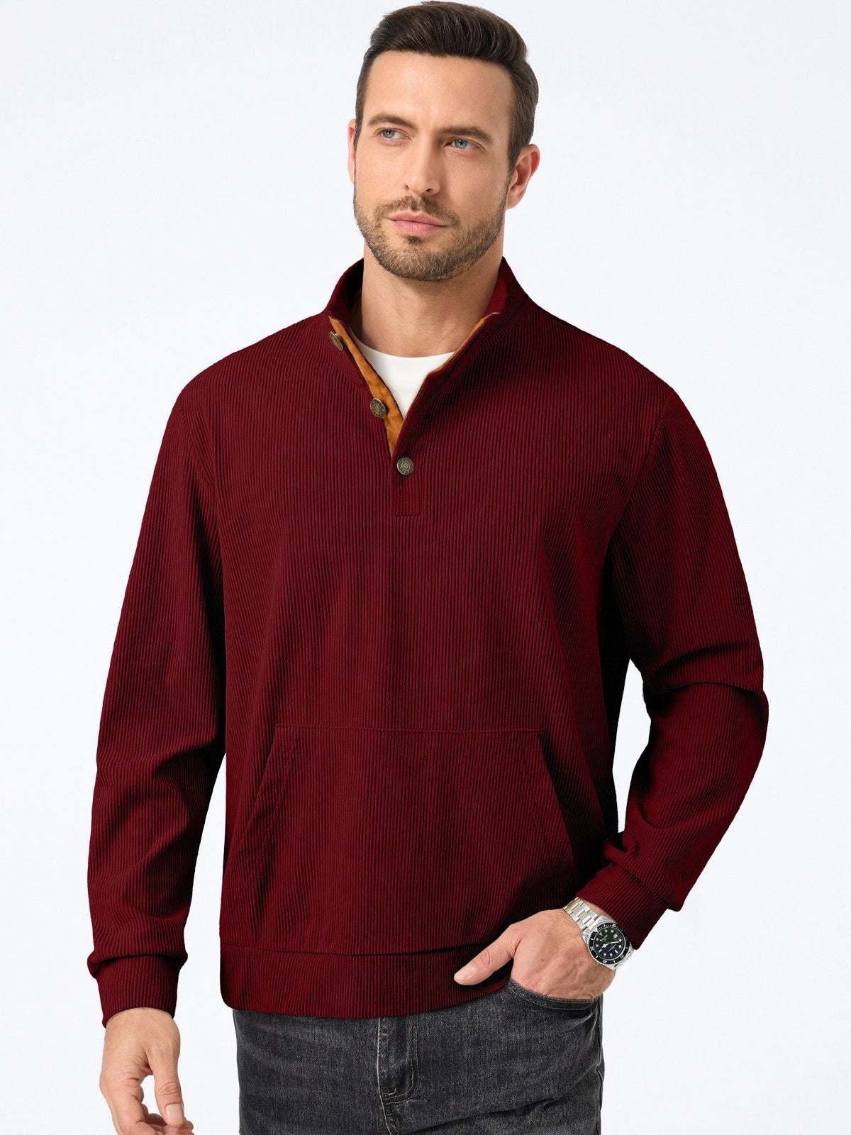 Dokotoo Men Men's Corduroy Sweatshirt Casual Long Sleeve Stand Collar Knitted Pullover Button Sweaters with Pockets