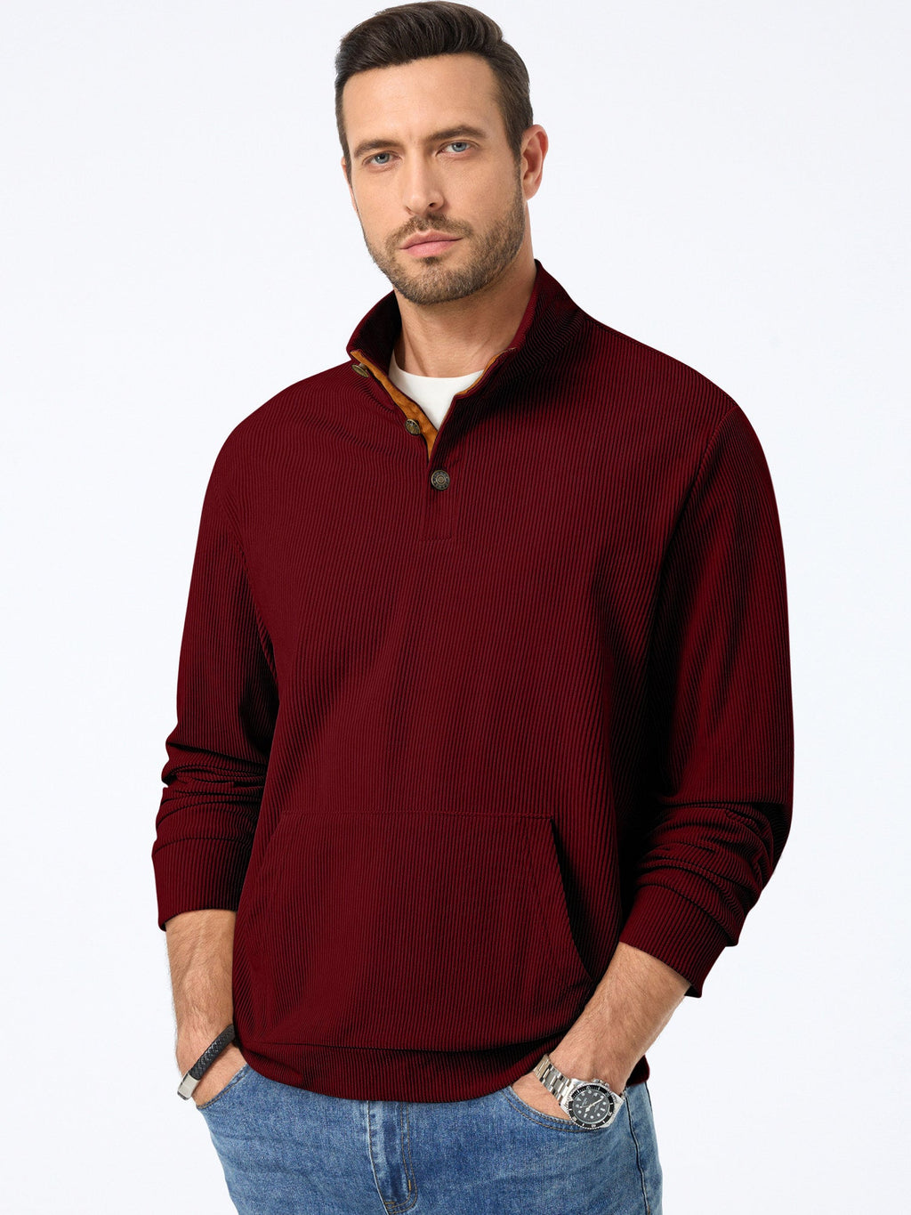 Dokotoo Men Men's Corduroy Sweatshirt Casual Long Sleeve Stand Collar Knitted Pullover Button Sweaters with Pockets