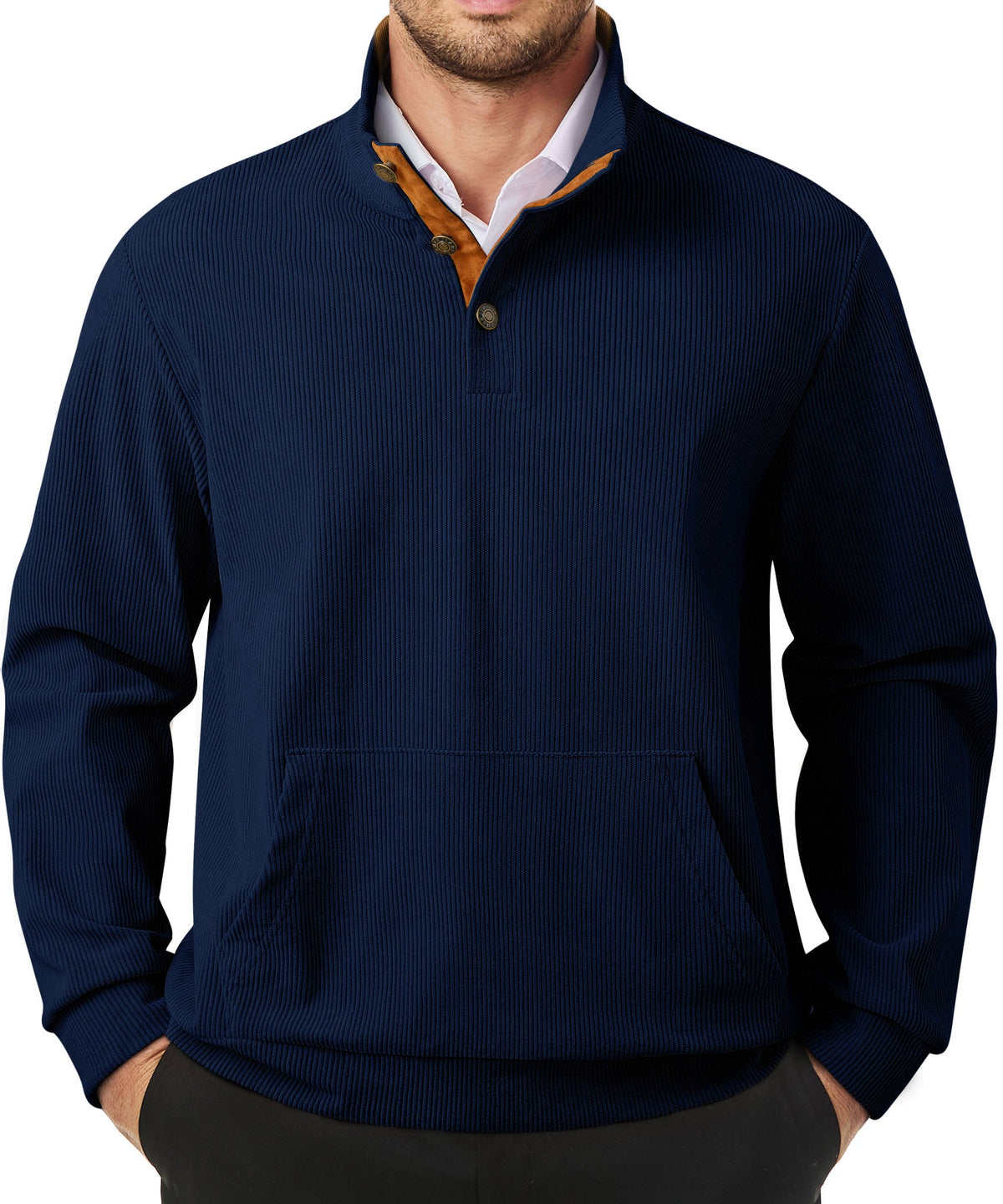 Dokotoo Men Men's Corduroy Sweatshirt Casual Long Sleeve Stand Collar Knitted Pullover Button Sweaters with Pockets