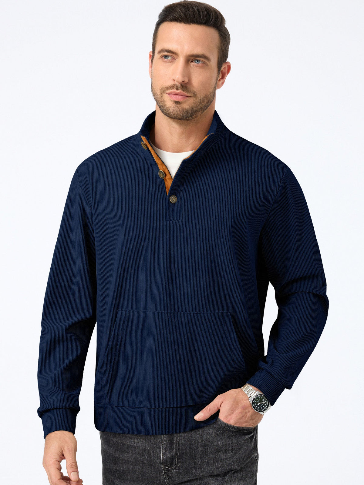 Dokotoo Men Men's Corduroy Sweatshirt Casual Long Sleeve Stand Collar Knitted Pullover Button Sweaters with Pockets