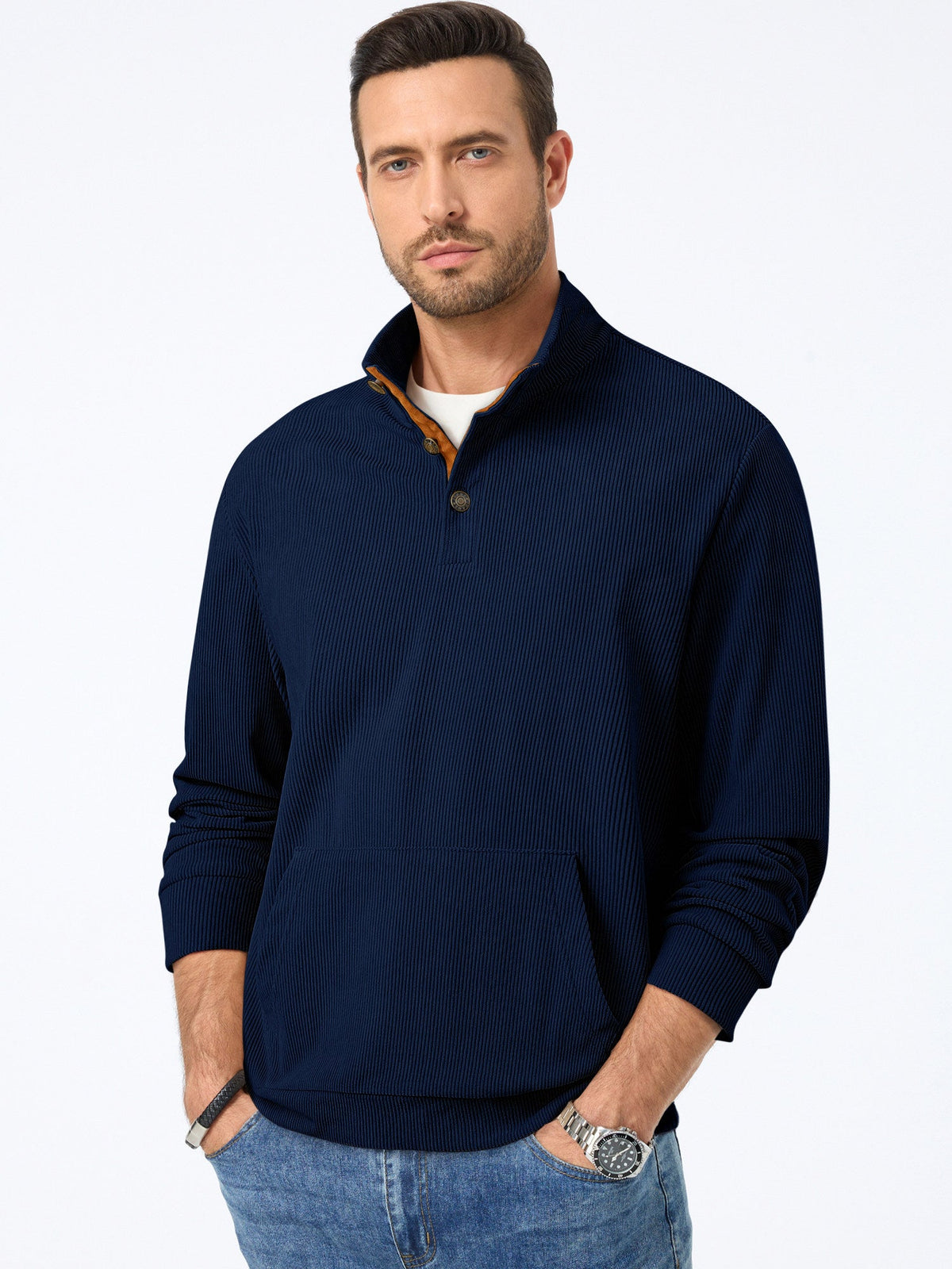 Dokotoo Men Men's Corduroy Sweatshirt Casual Long Sleeve Stand Collar Knitted Pullover Button Sweaters with Pockets