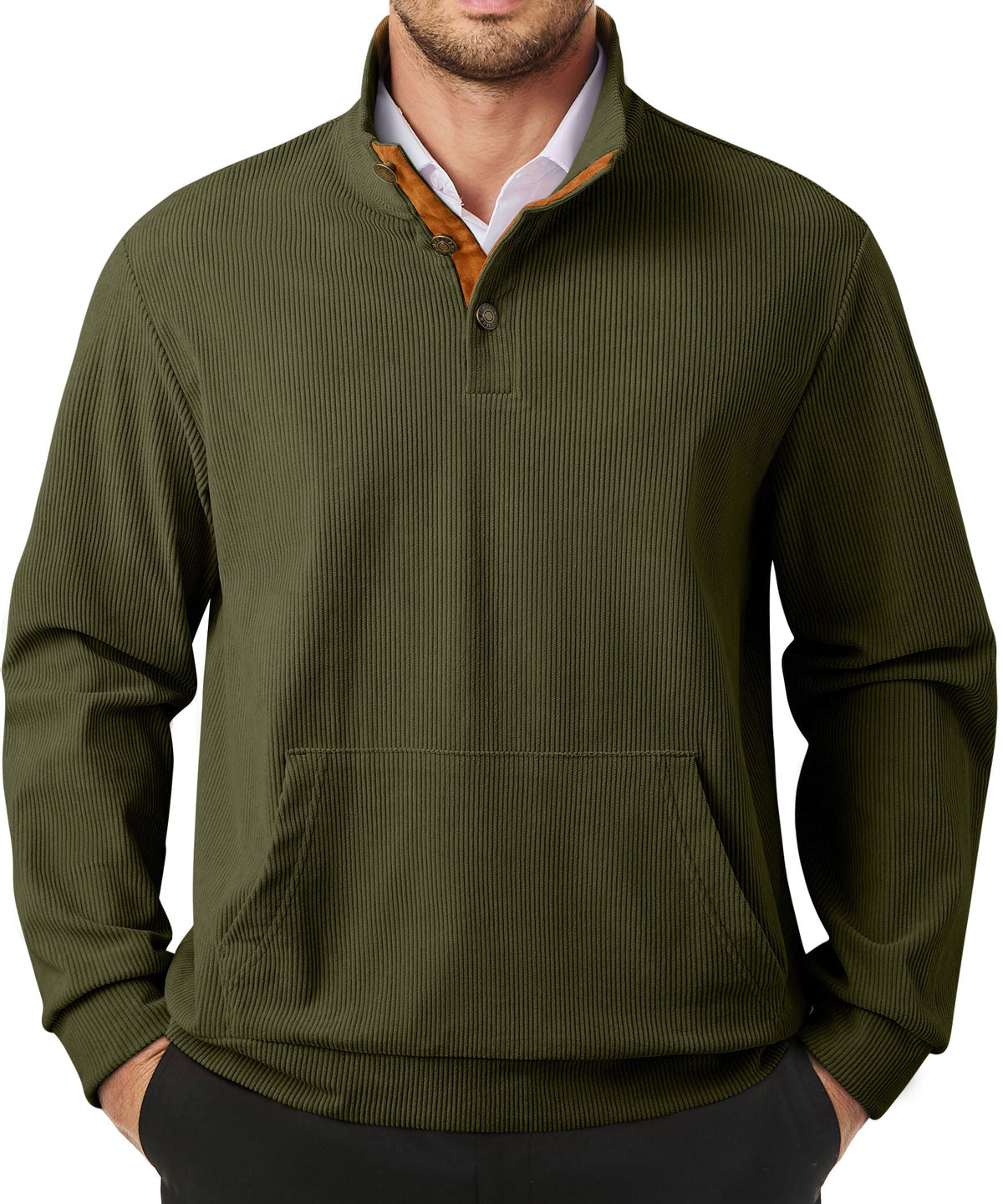 Dokotoo Men Men's Corduroy Sweatshirt Casual Long Sleeve Stand Collar Knitted Pullover Button Sweaters with Pockets