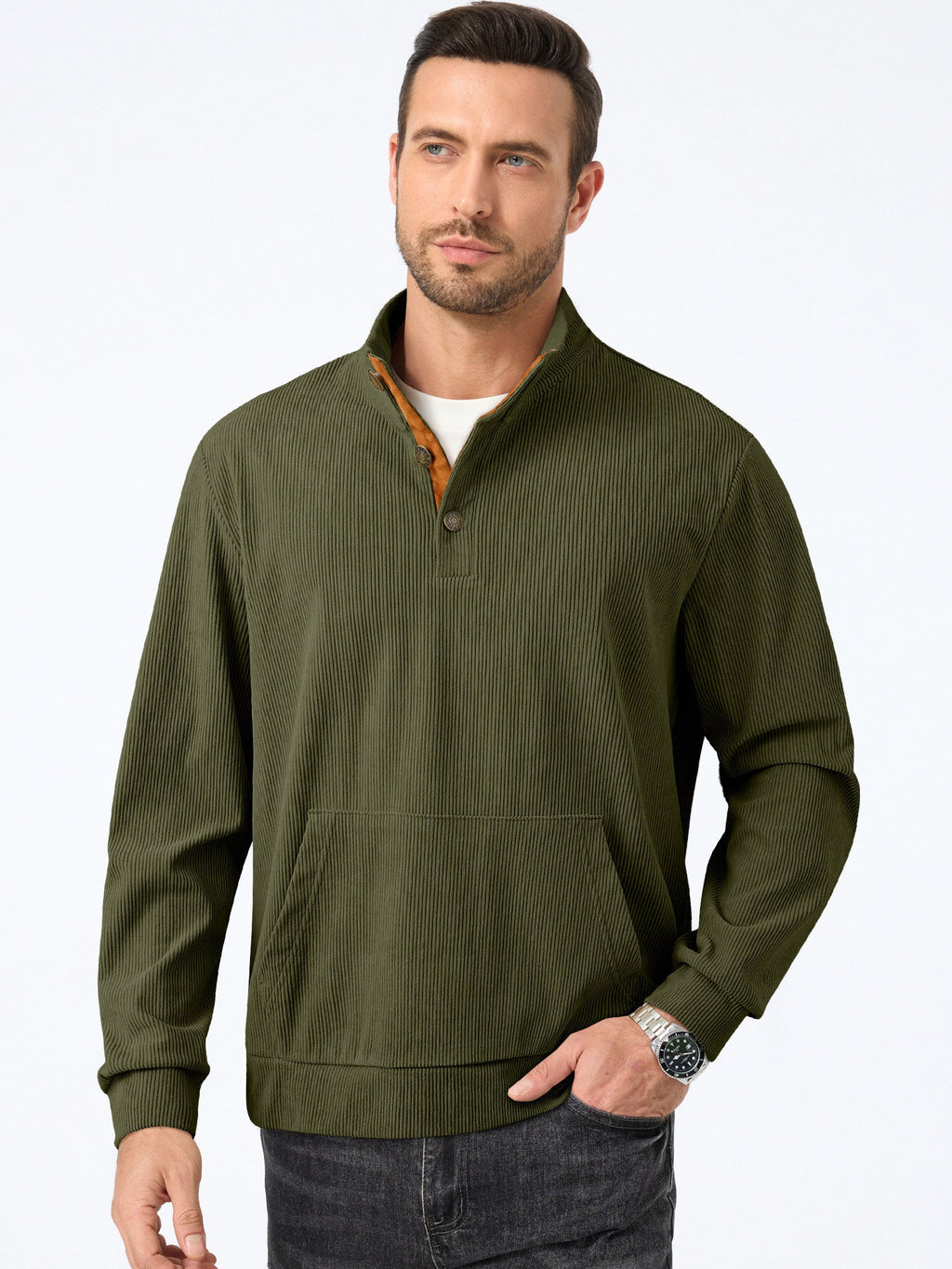 Dokotoo Men Men's Corduroy Sweatshirt Casual Long Sleeve Stand Collar Knitted Pullover Button Sweaters with Pockets