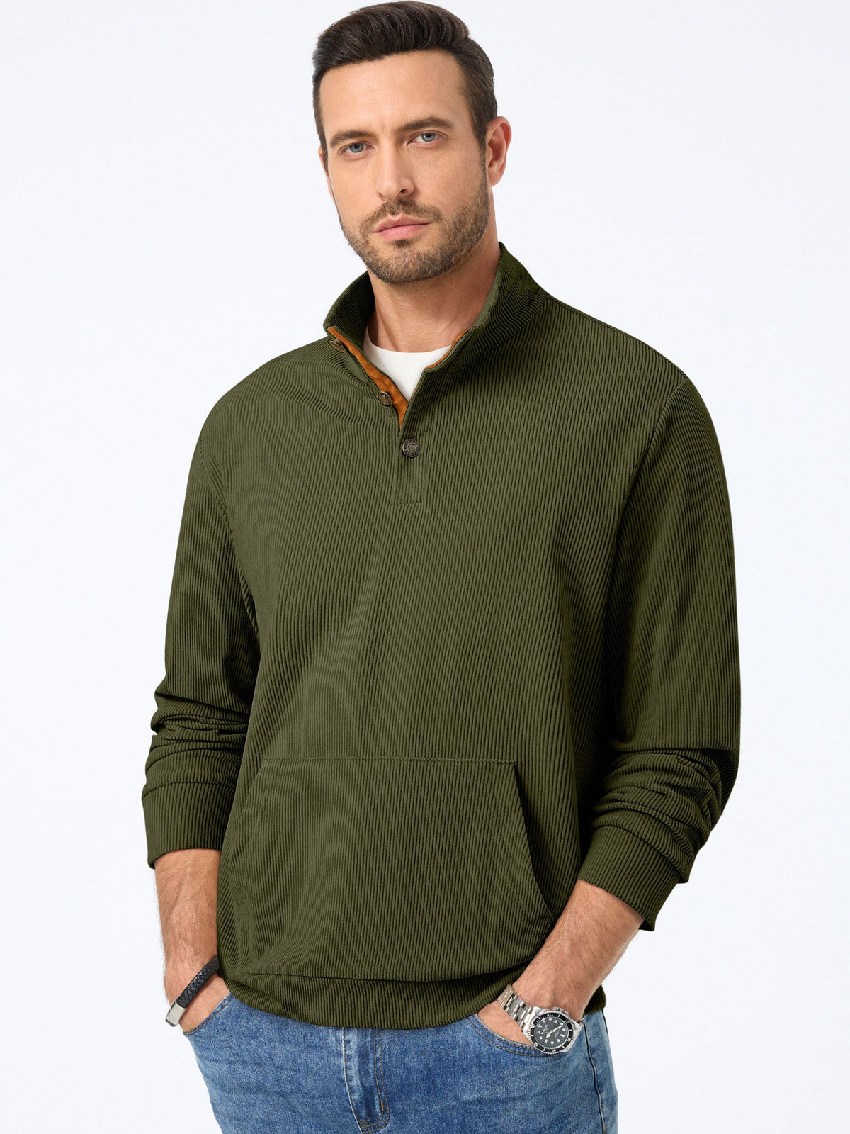 Dokotoo Men Men's Corduroy Sweatshirt Casual Long Sleeve Stand Collar Knitted Pullover Button Sweaters with Pockets
