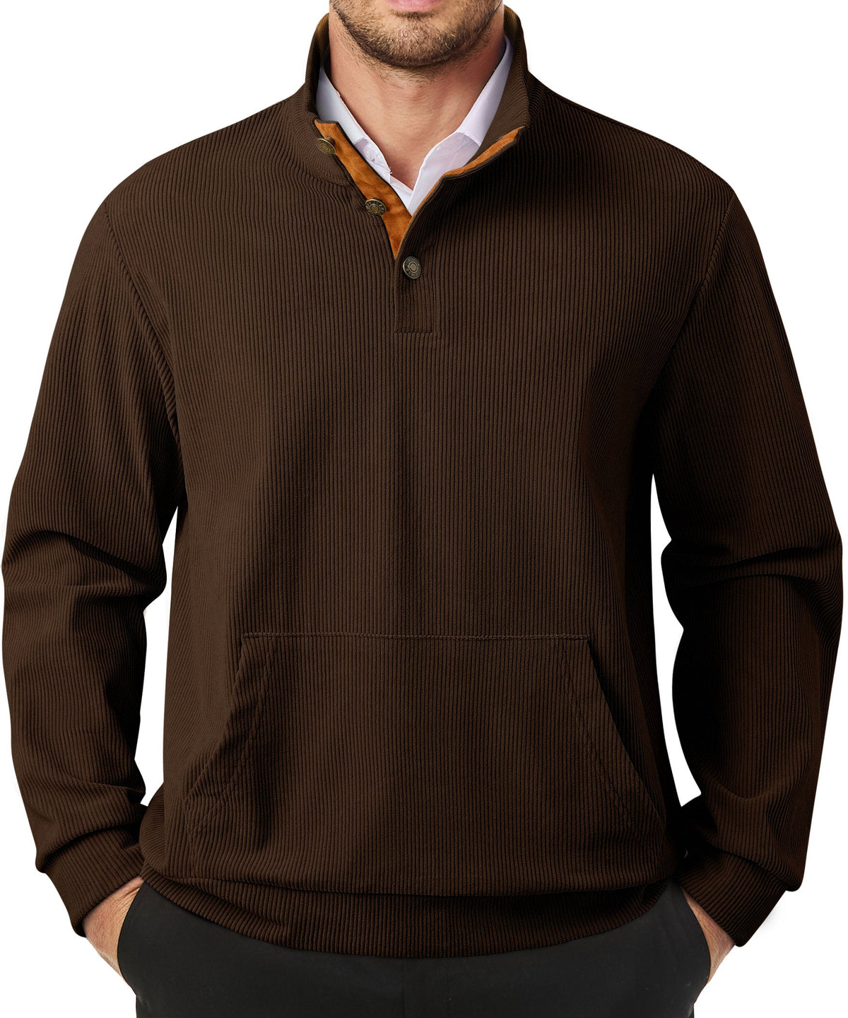 Dokotoo Men Men's Corduroy Sweatshirt Casual Long Sleeve Stand Collar Knitted Pullover Button Sweaters with Pockets