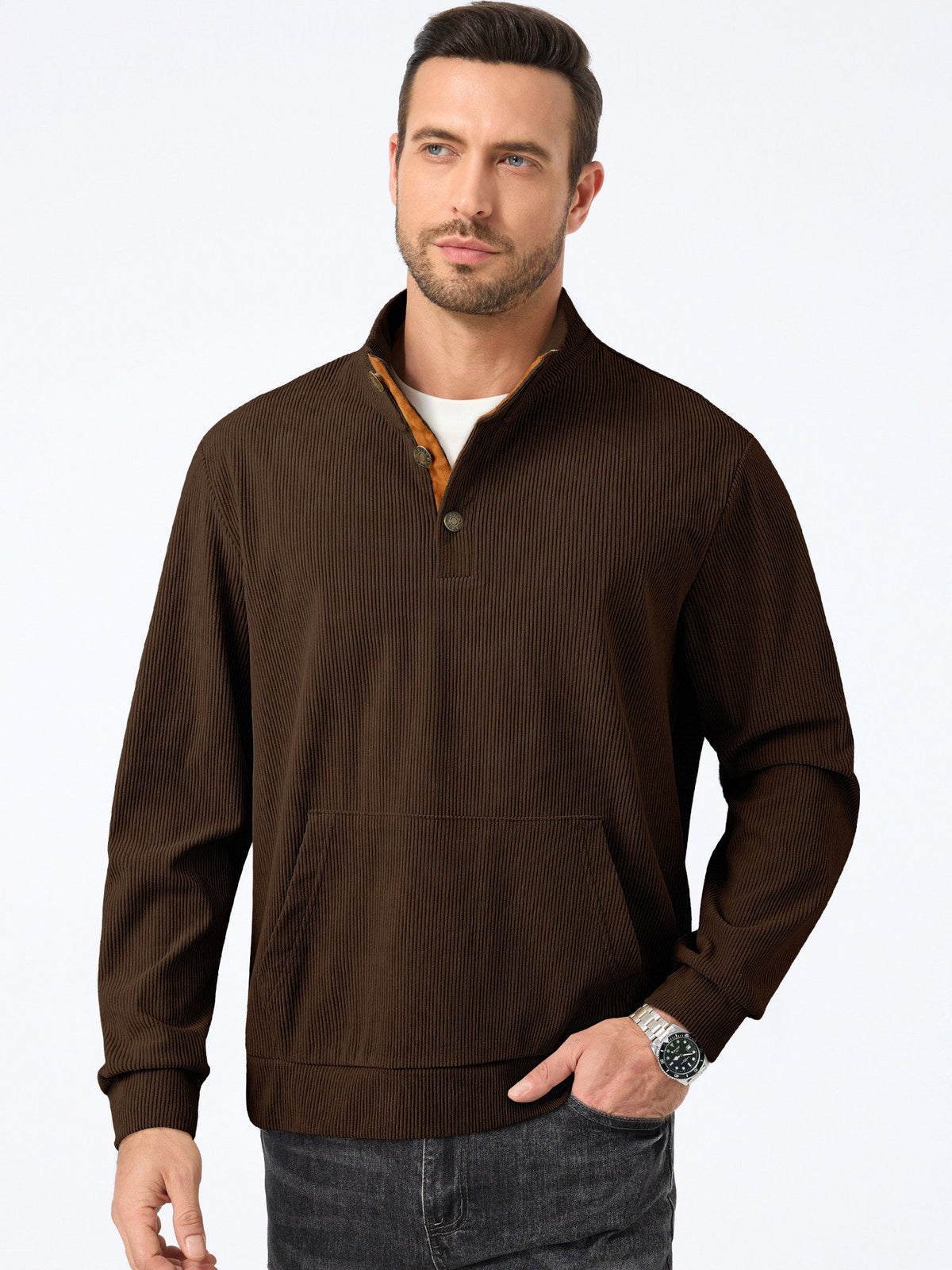 Dokotoo Men Men's Corduroy Sweatshirt Casual Long Sleeve Stand Collar Knitted Pullover Button Sweaters with Pockets