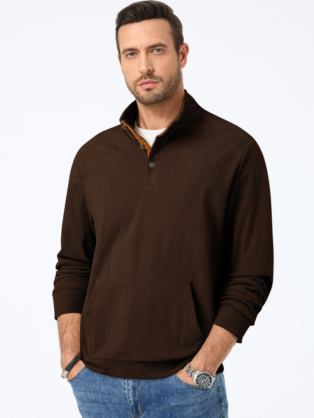 Dokotoo Men Men's Corduroy Sweatshirt Casual Long Sleeve Stand Collar Knitted Pullover Button Sweaters with Pockets