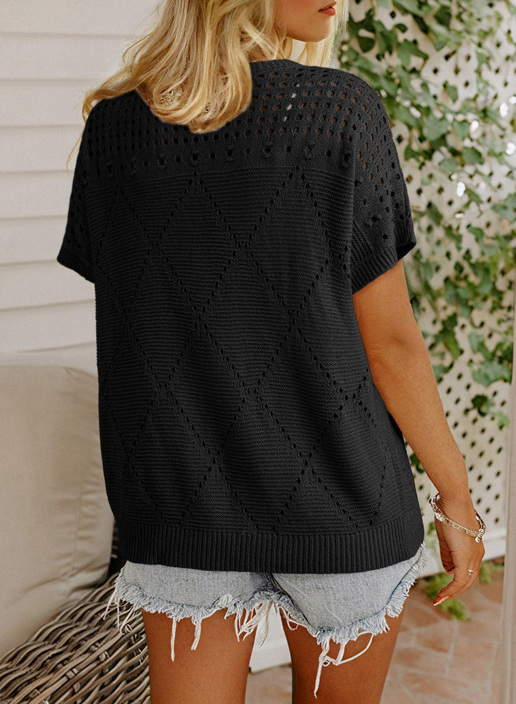 Solid Color Hollowed Detail Rhombus Pattern Knit Short Sleeve Sweater