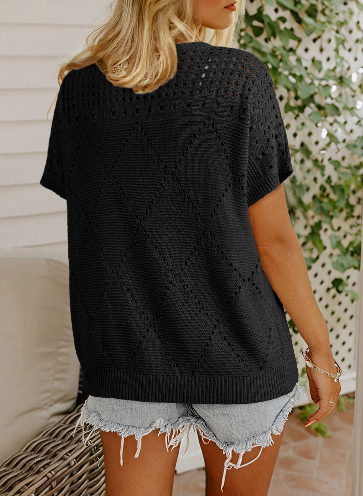 Solid Color Hollowed Detail Rhombus Pattern Knit Short Sleeve Sweater