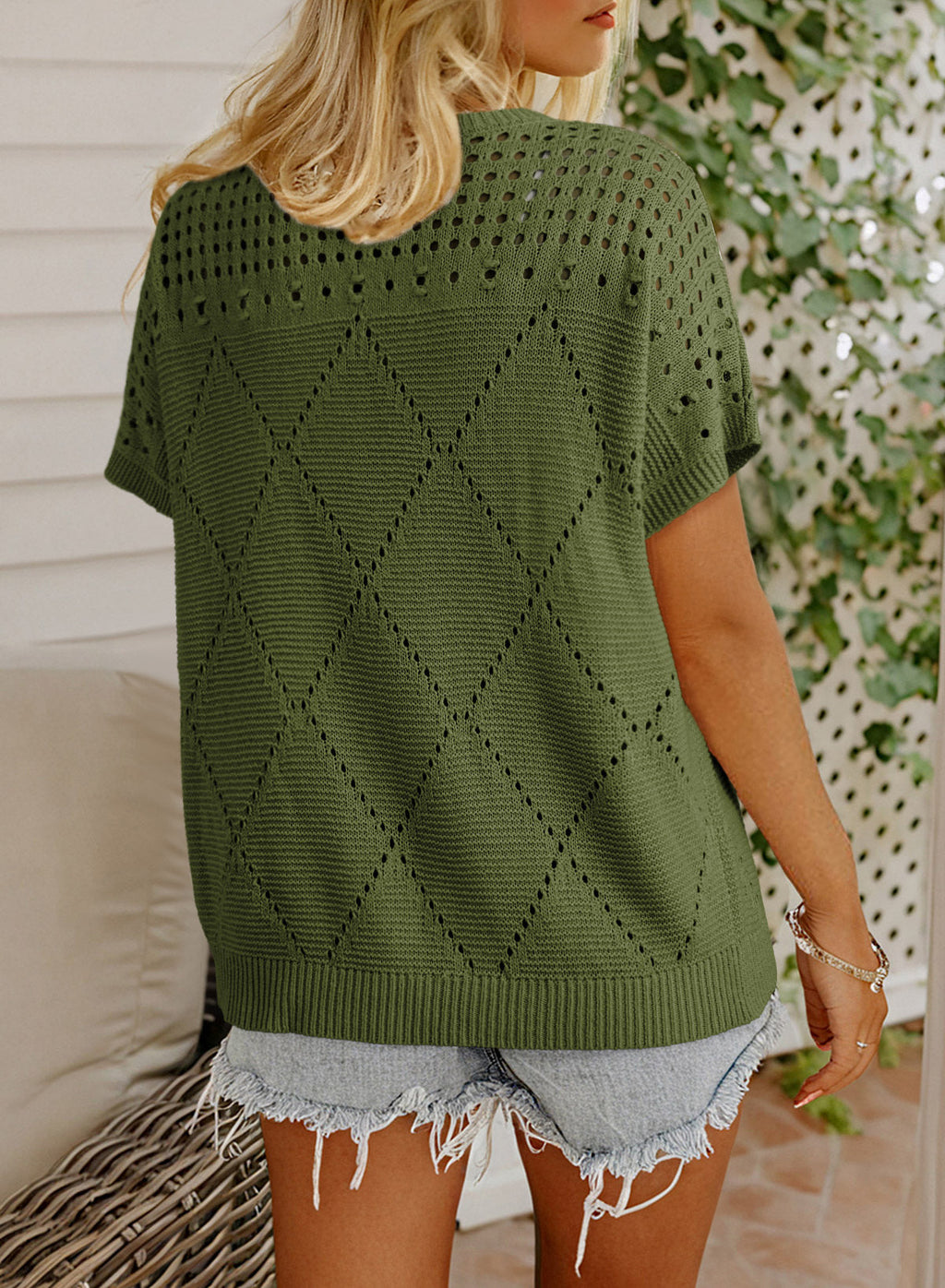 Solid Color Hollowed Detail Rhombus Pattern Knit Short Sleeve Sweater