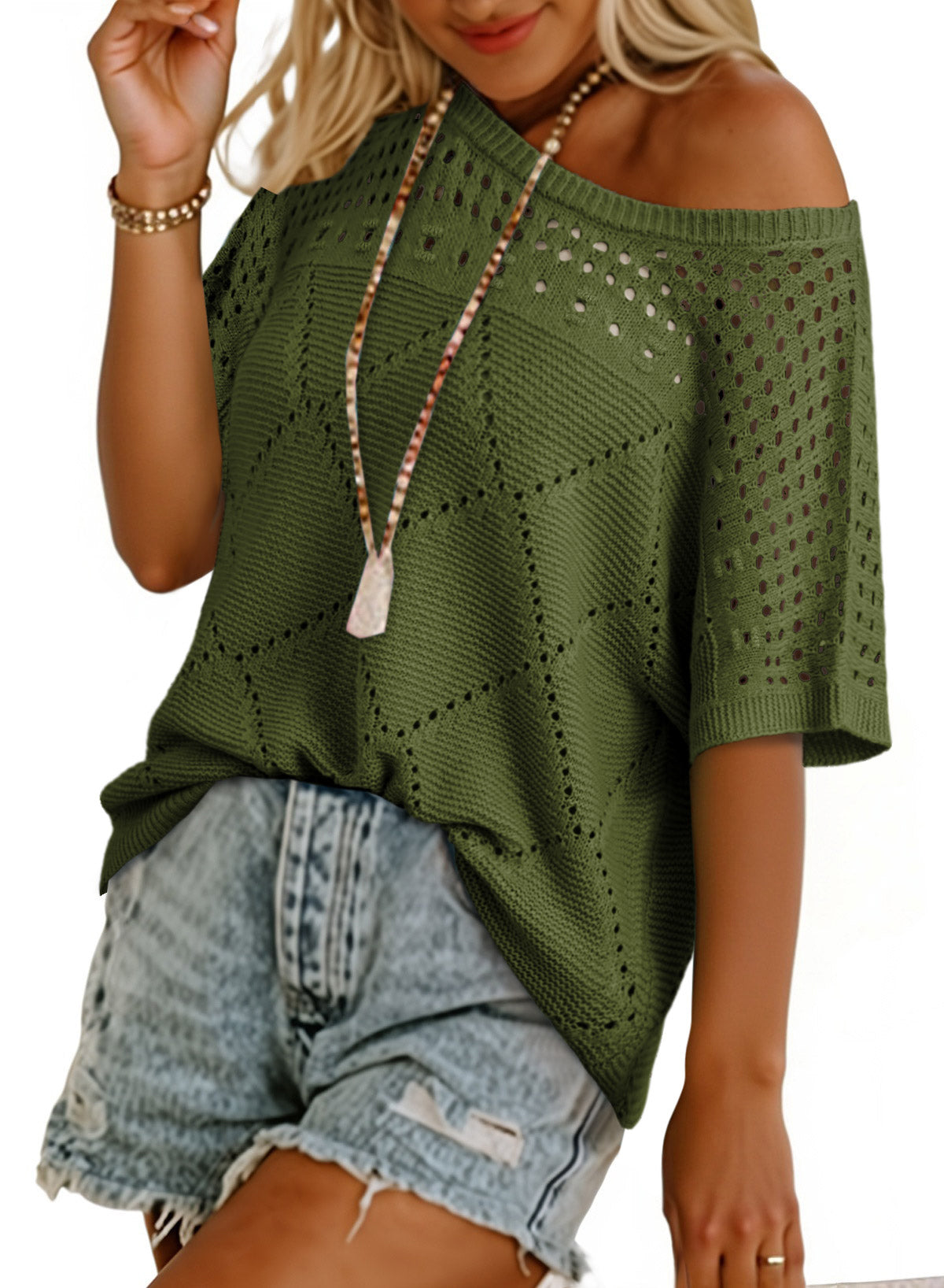 Solid Color Hollowed Detail Rhombus Pattern Knit Short Sleeve Sweater