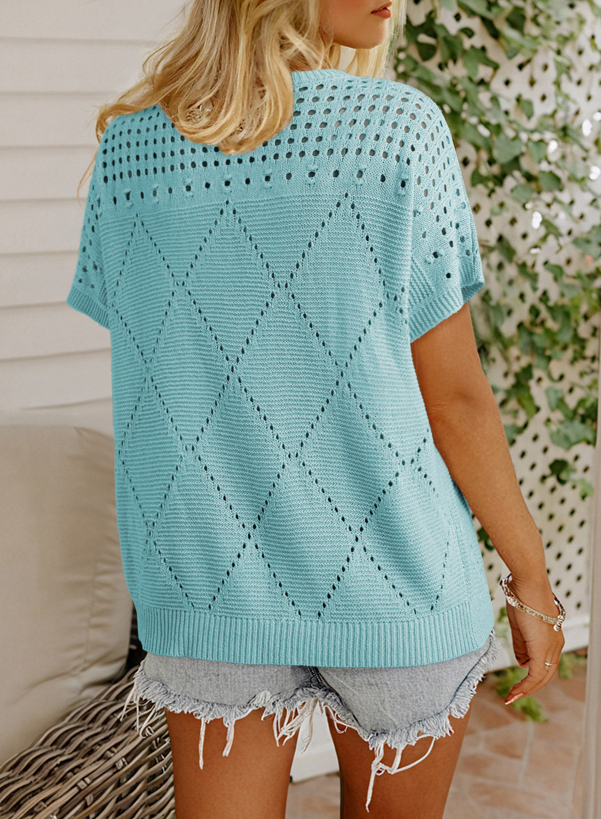 Solid Color Hollowed Detail Rhombus Pattern Knit Short Sleeve Sweater