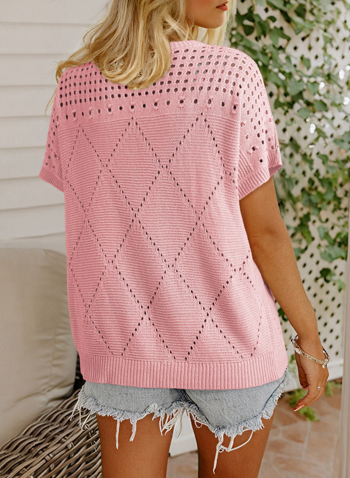 Solid Color Hollowed Detail Rhombus Pattern Knit Short Sleeve Sweater