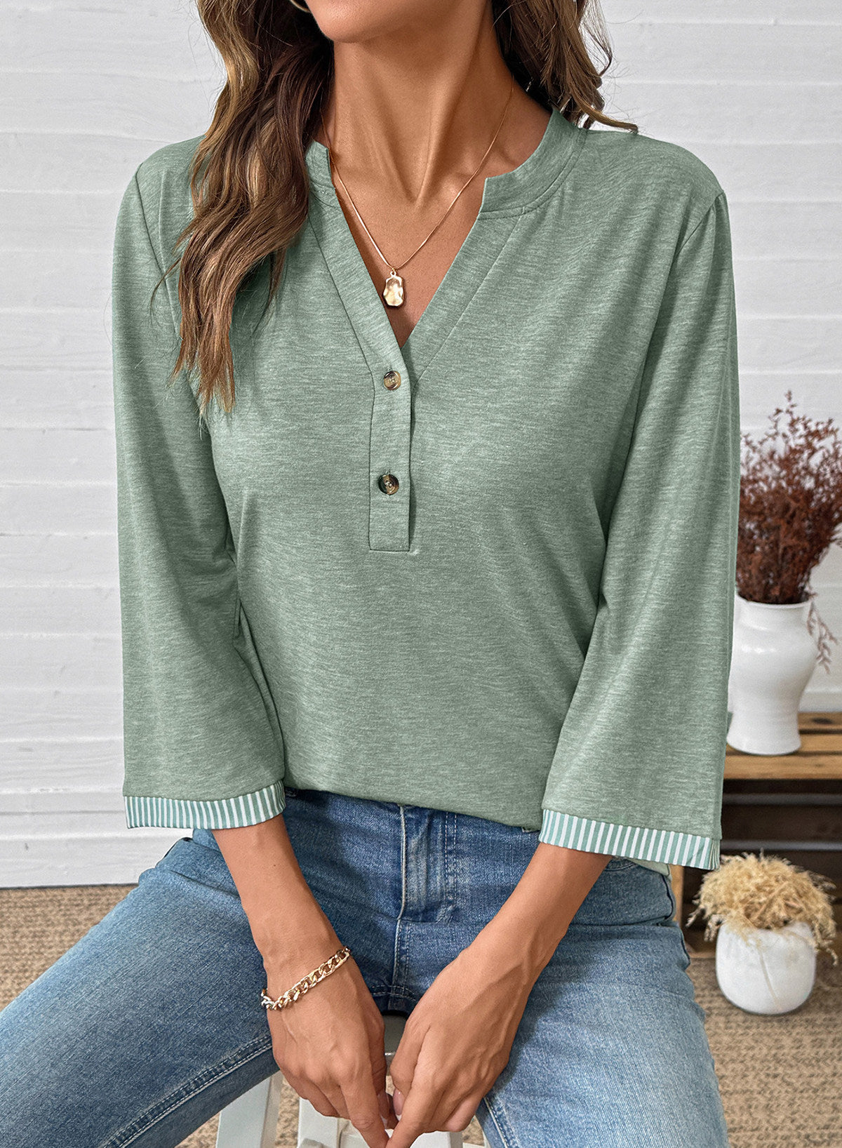 Dokotoo Womens Tops Fall 3/4 Length Sleeve Fashion Solid T-Shirts
