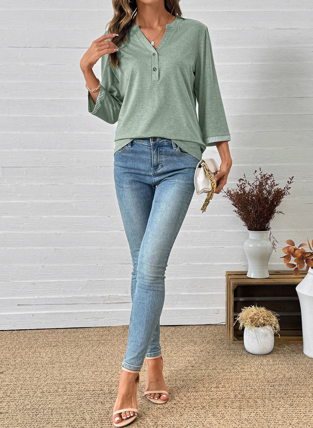 Dokotoo Womens Tops Fall 3/4 Length Sleeve Fashion Solid T-Shirts