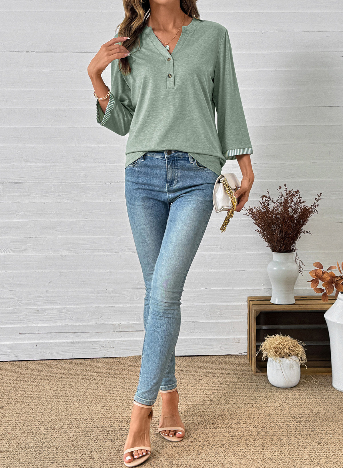 Dokotoo Womens Tops Fall 3/4 Length Sleeve Fashion Solid T-Shirts