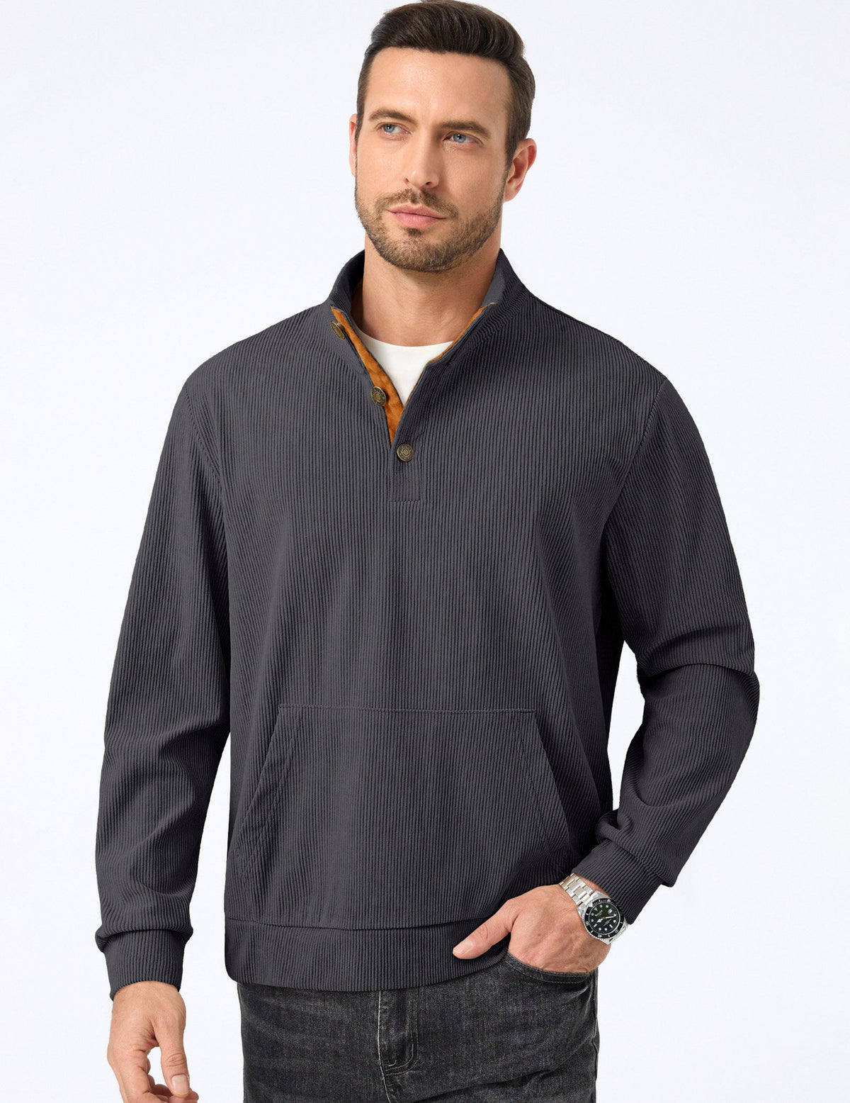 Dokotoo Men Men's Corduroy Sweatshirt Casual Long Sleeve Stand Collar Knitted Pullover Button Sweaters with Pockets