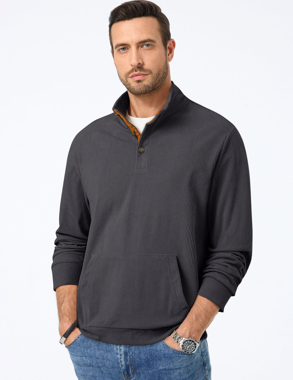 Dokotoo Men Men's Corduroy Sweatshirt Casual Long Sleeve Stand Collar Knitted Pullover Button Sweaters with Pockets