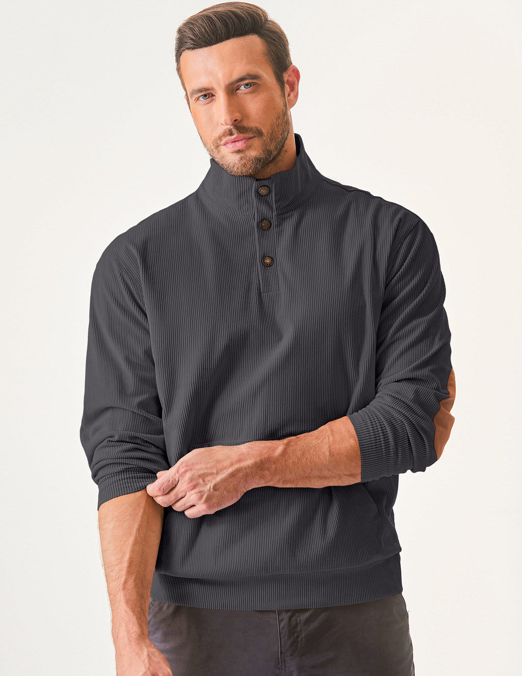 Dokotoo Men Men's Corduroy Sweatshirt Casual Long Sleeve Stand Collar Knitted Pullover Button Sweaters with Pockets
