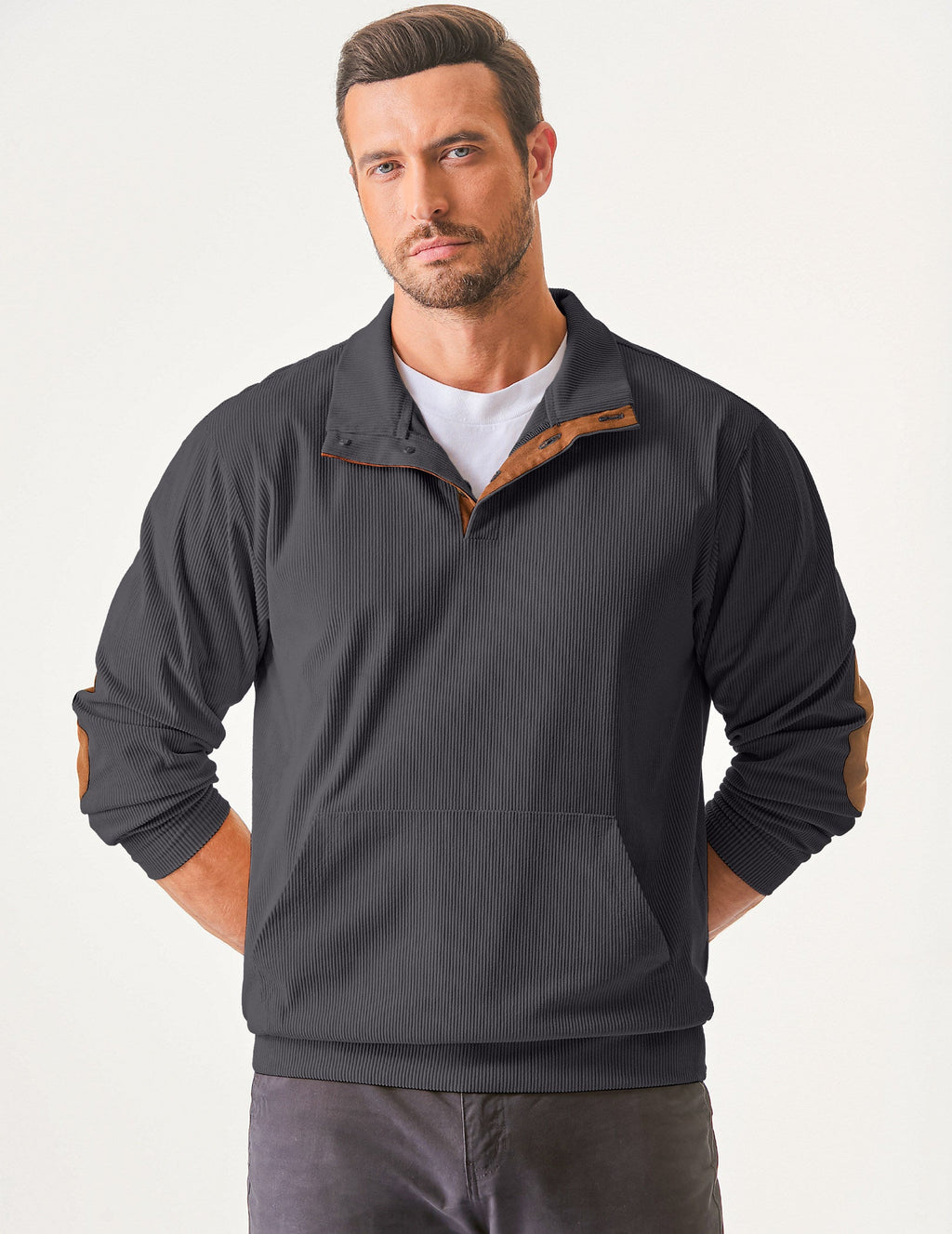 Dokotoo Men Men's Corduroy Sweatshirt Casual Long Sleeve Stand Collar Knitted Pullover Button Sweaters with Pockets